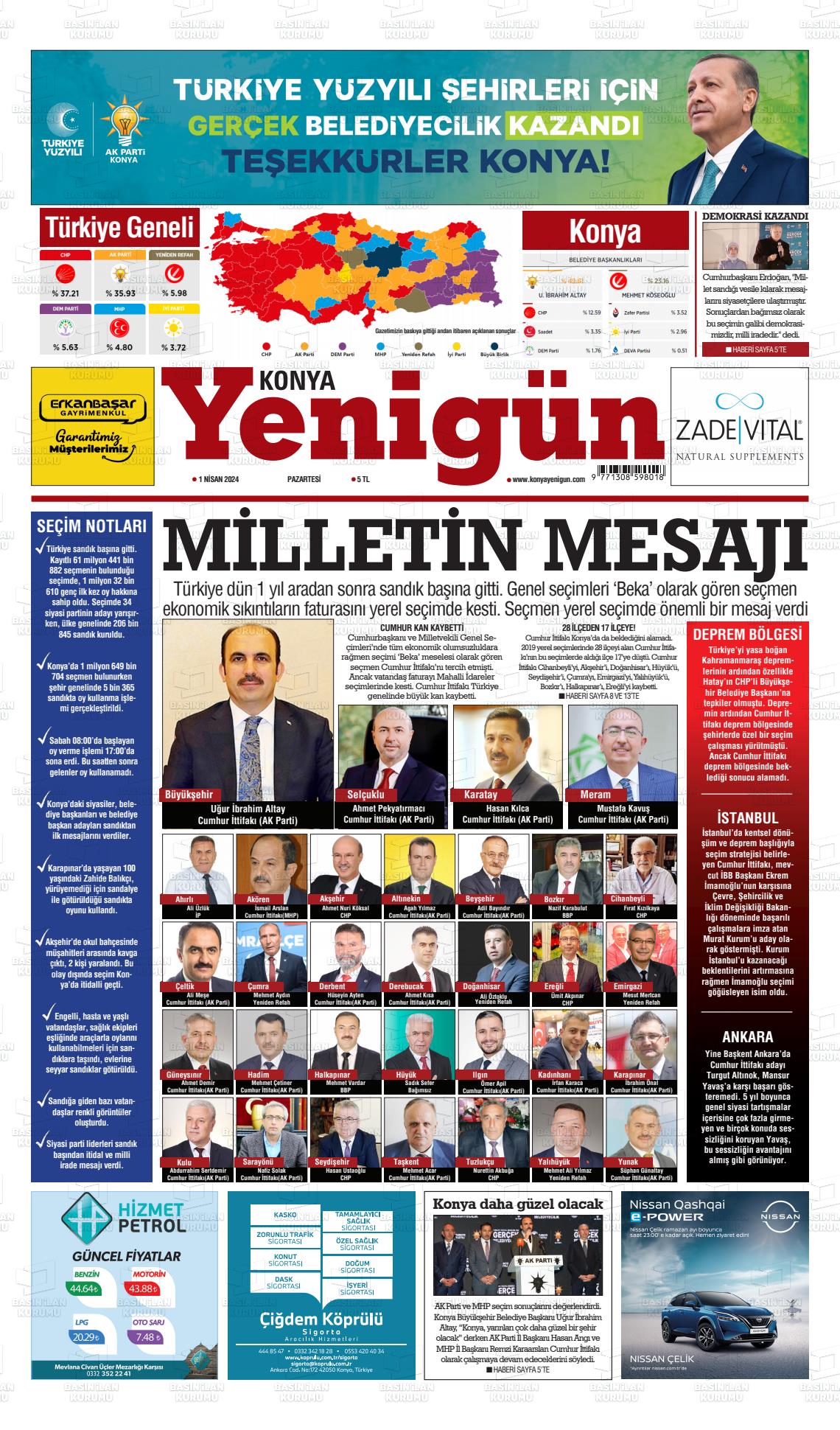 01 Nisan 2024 Konya YeniGün Gazete Manşeti