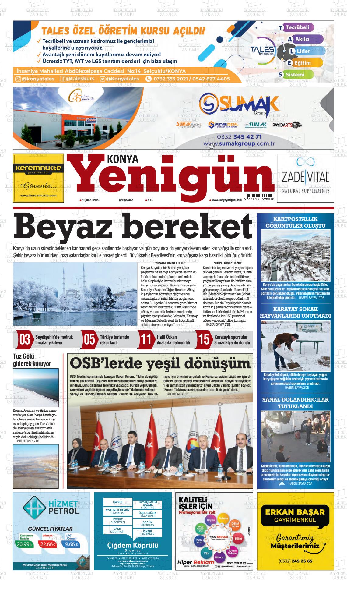 01 Şubat 2023 Konya YeniGün Gazete Manşeti