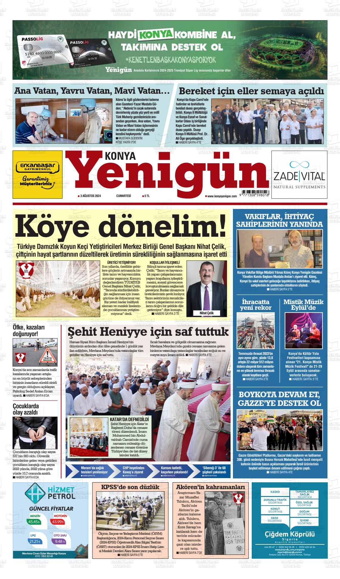 03 Ağustos 2024 Konya YeniGün Gazete Manşeti