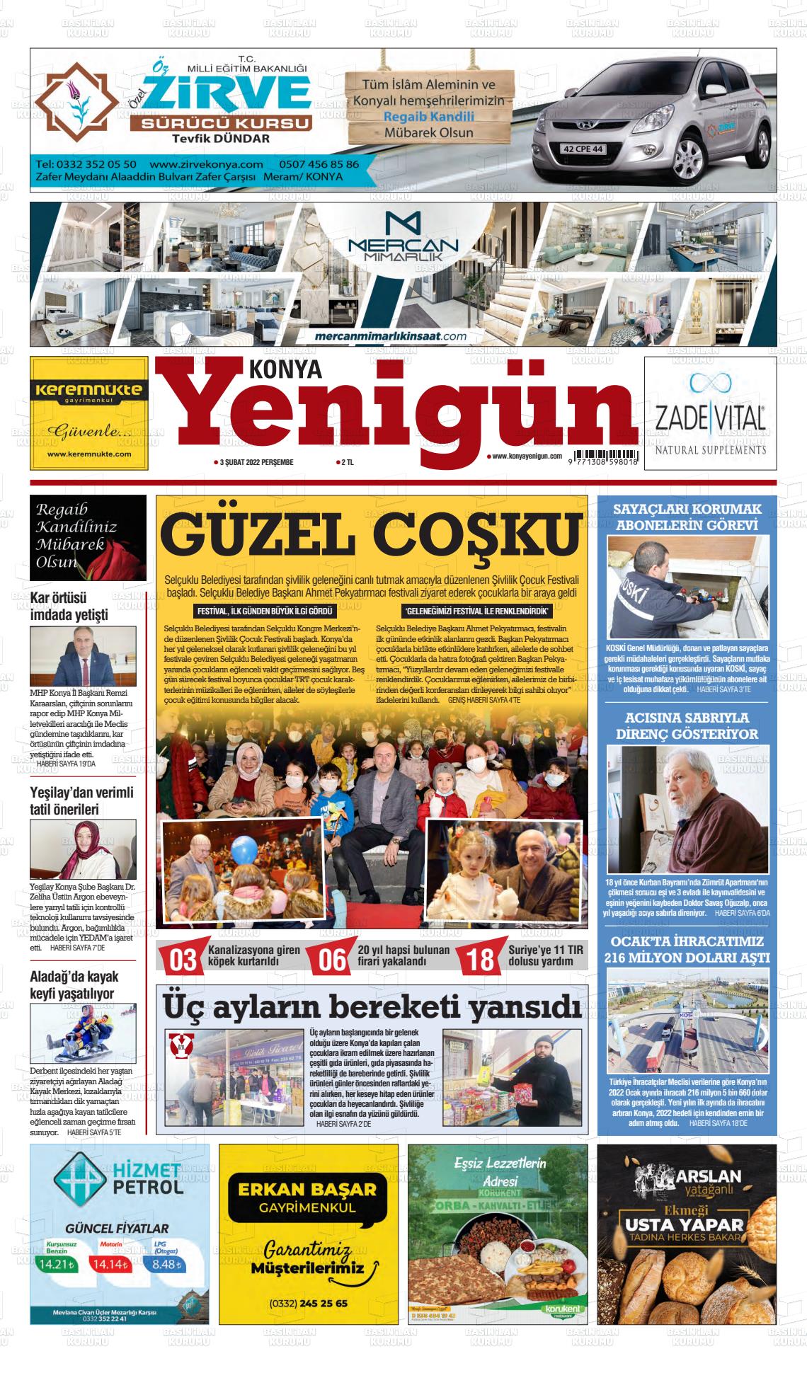 03 Şubat 2022 Konya YeniGün Gazete Manşeti