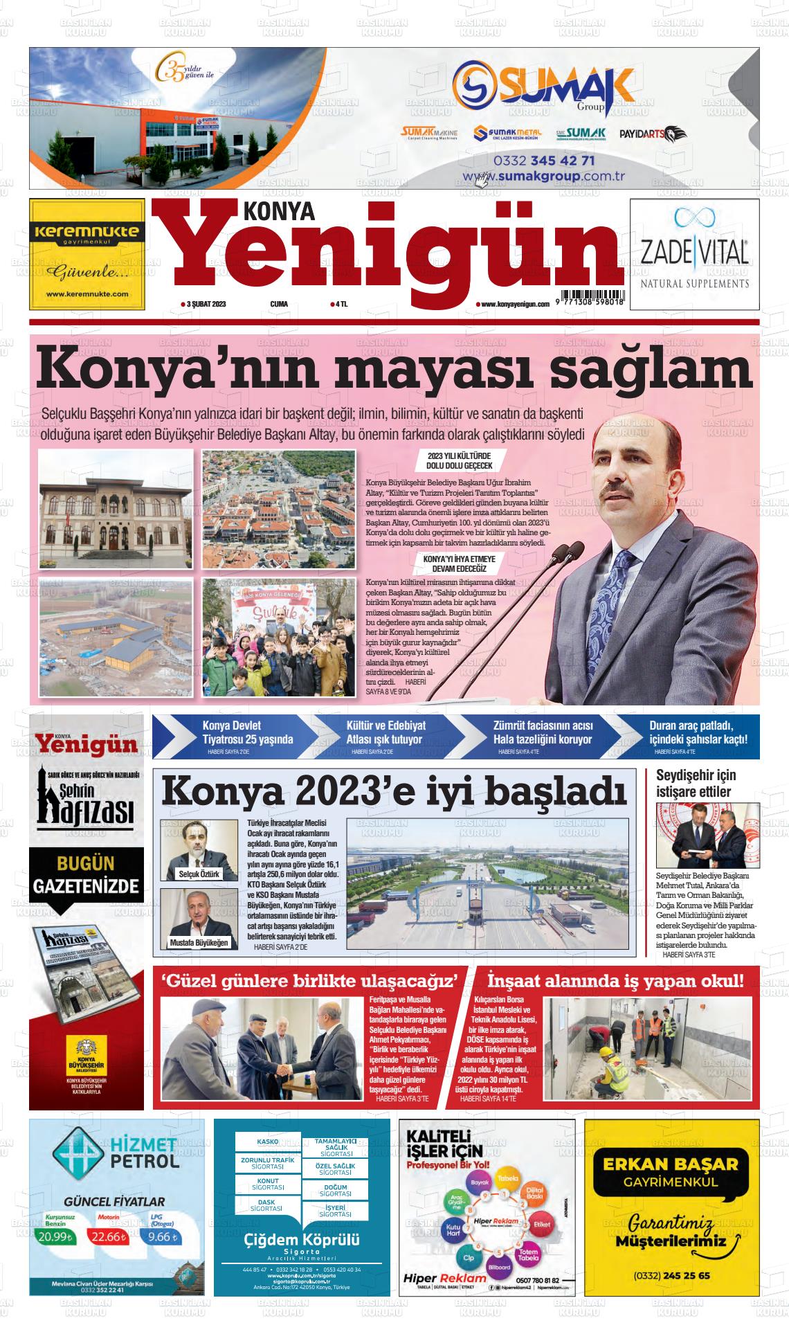 03 Şubat 2023 Konya YeniGün Gazete Manşeti