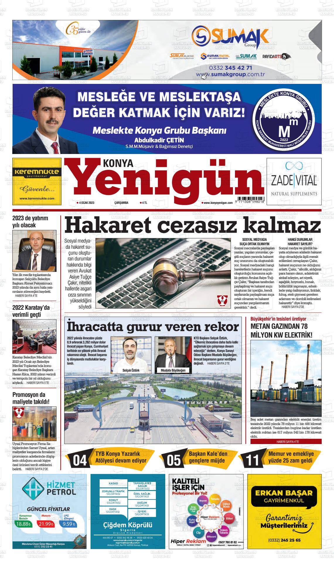 04 Ocak 2023 Konya YeniGün Gazete Manşeti