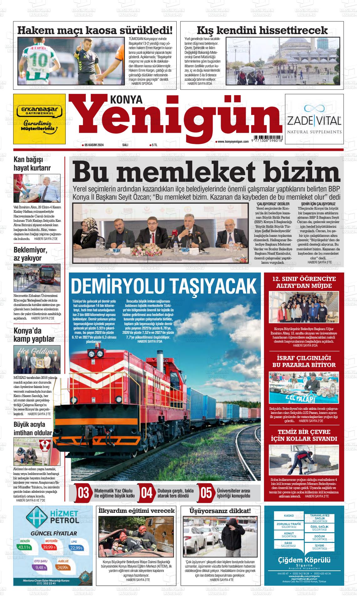 05 Kasım 2024 Konya YeniGün Gazete Manşeti