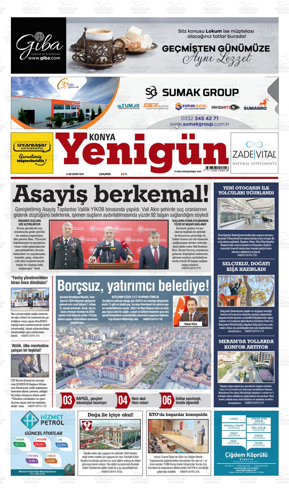 06 Kasım 2024 Konya YeniGün Gazete Manşeti