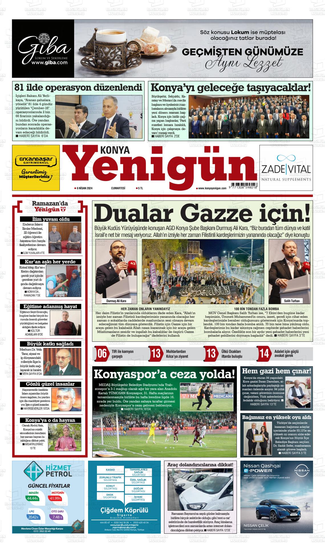 06 Nisan 2024 Konya YeniGün Gazete Manşeti