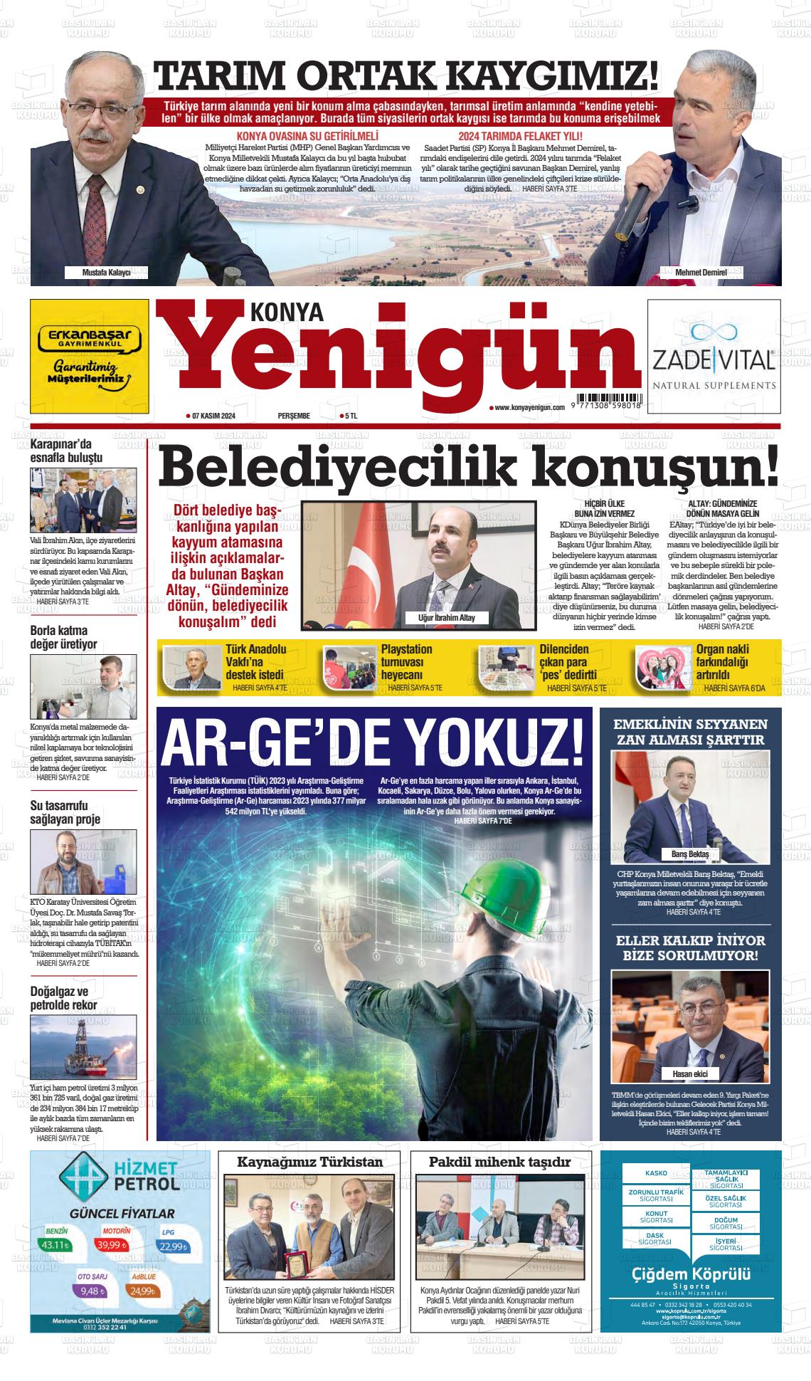 07 Kasım 2024 Konya YeniGün Gazete Manşeti