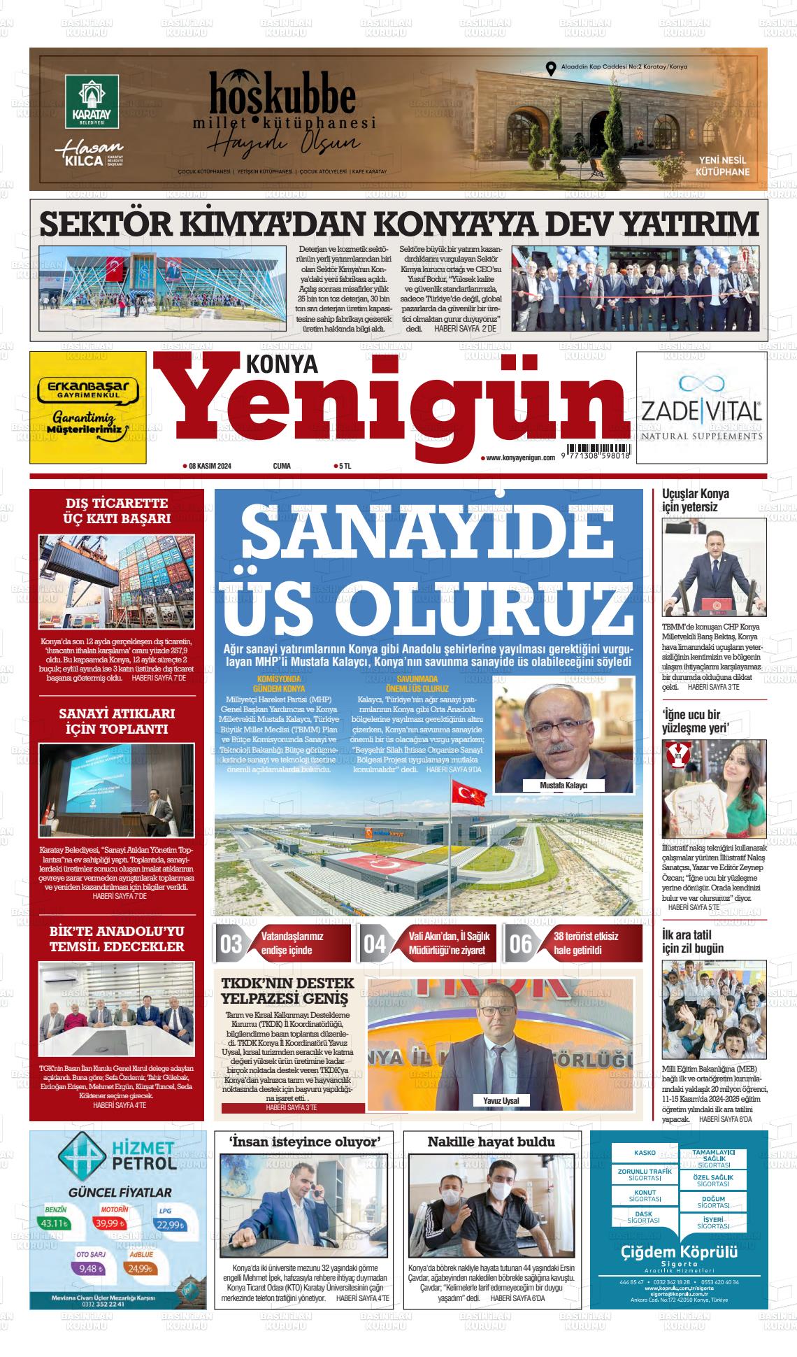 08 Kasım 2024 Konya YeniGün Gazete Manşeti