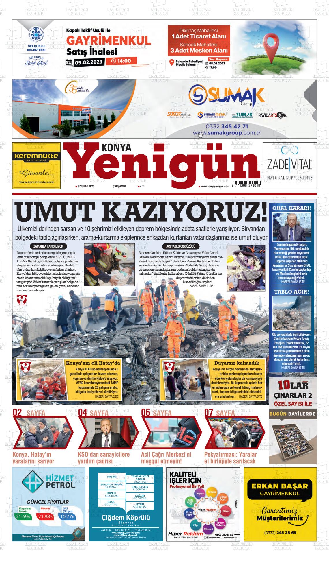 08 Şubat 2023 Konya YeniGün Gazete Manşeti