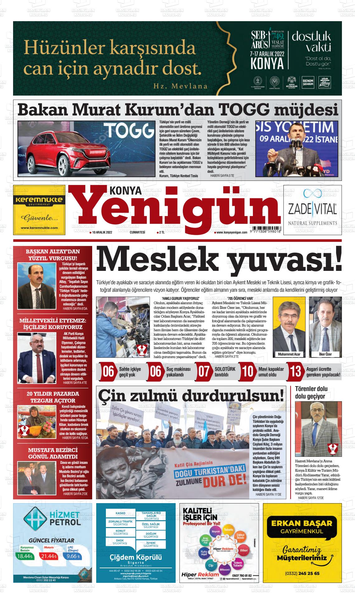 10 Aralık 2022 Konya YeniGün Gazete Manşeti