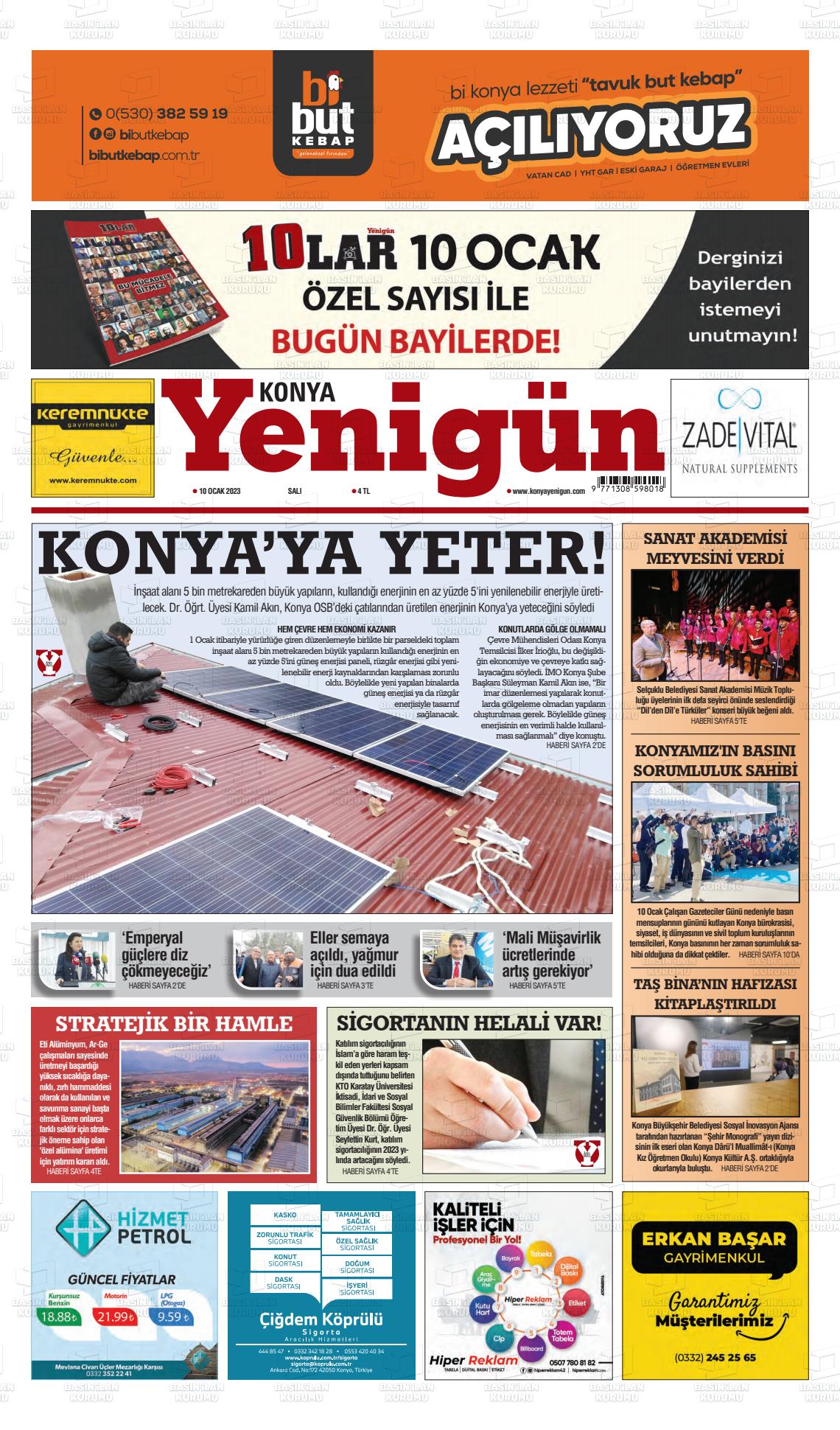 11 Ocak 2023 Konya YeniGün Gazete Manşeti