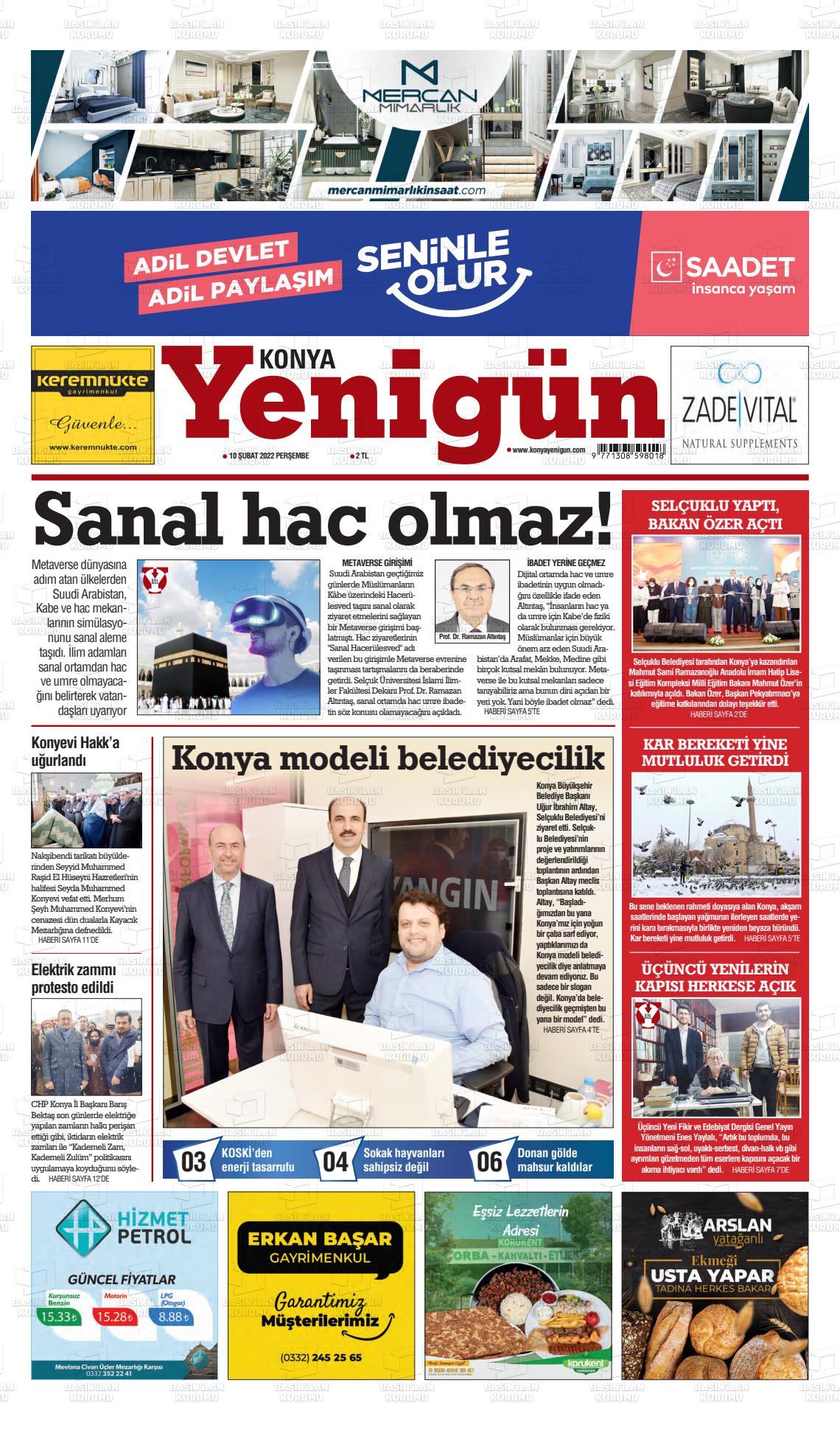 10 Şubat 2022 Konya YeniGün Gazete Manşeti