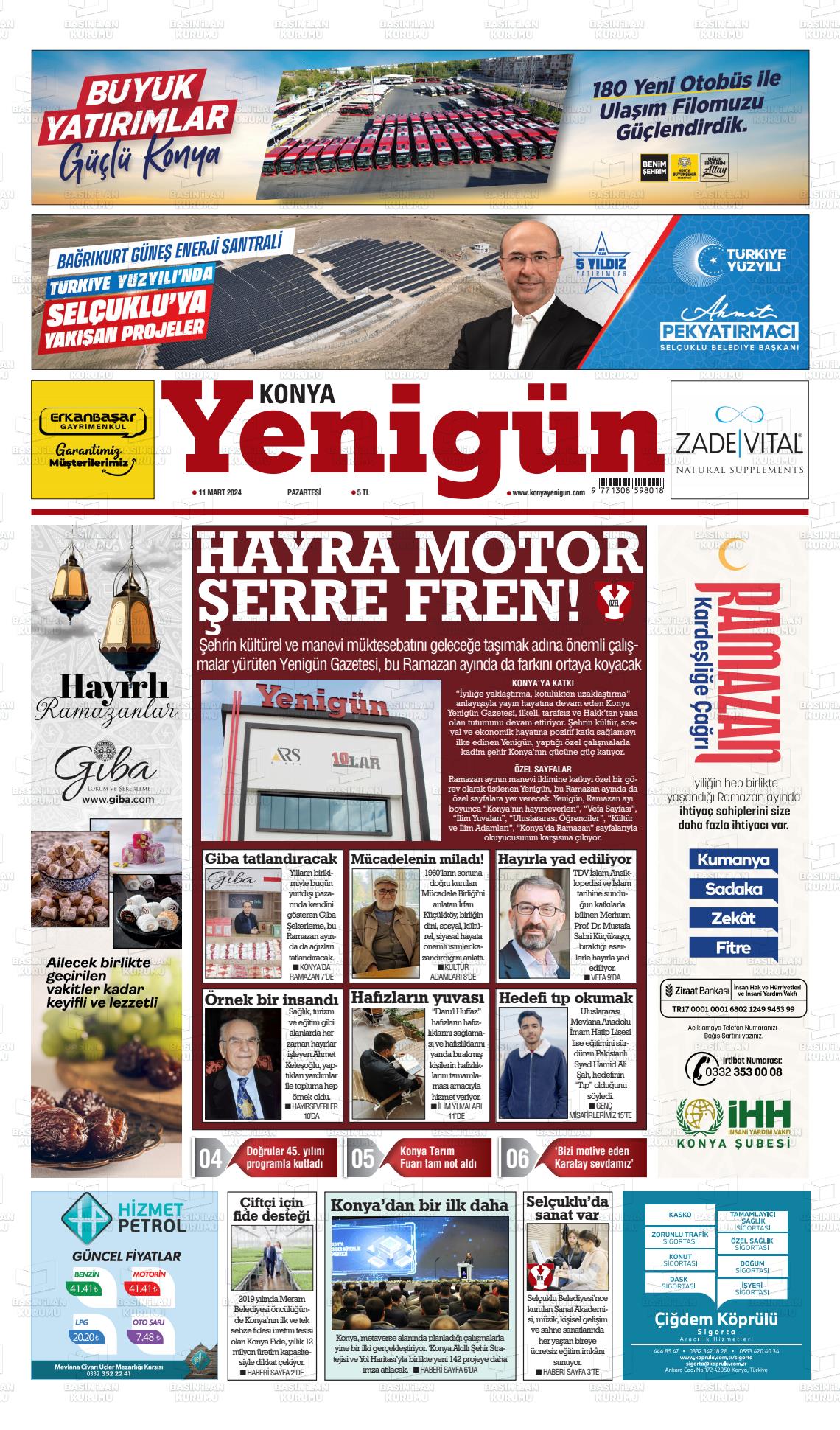 11 Mart 2024 Konya YeniGün Gazete Manşeti