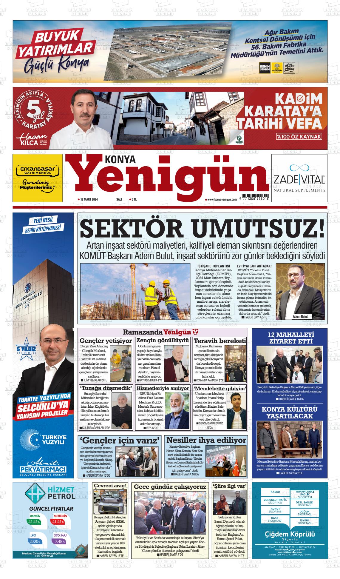 12 Mart 2024 Konya YeniGün Gazete Manşeti