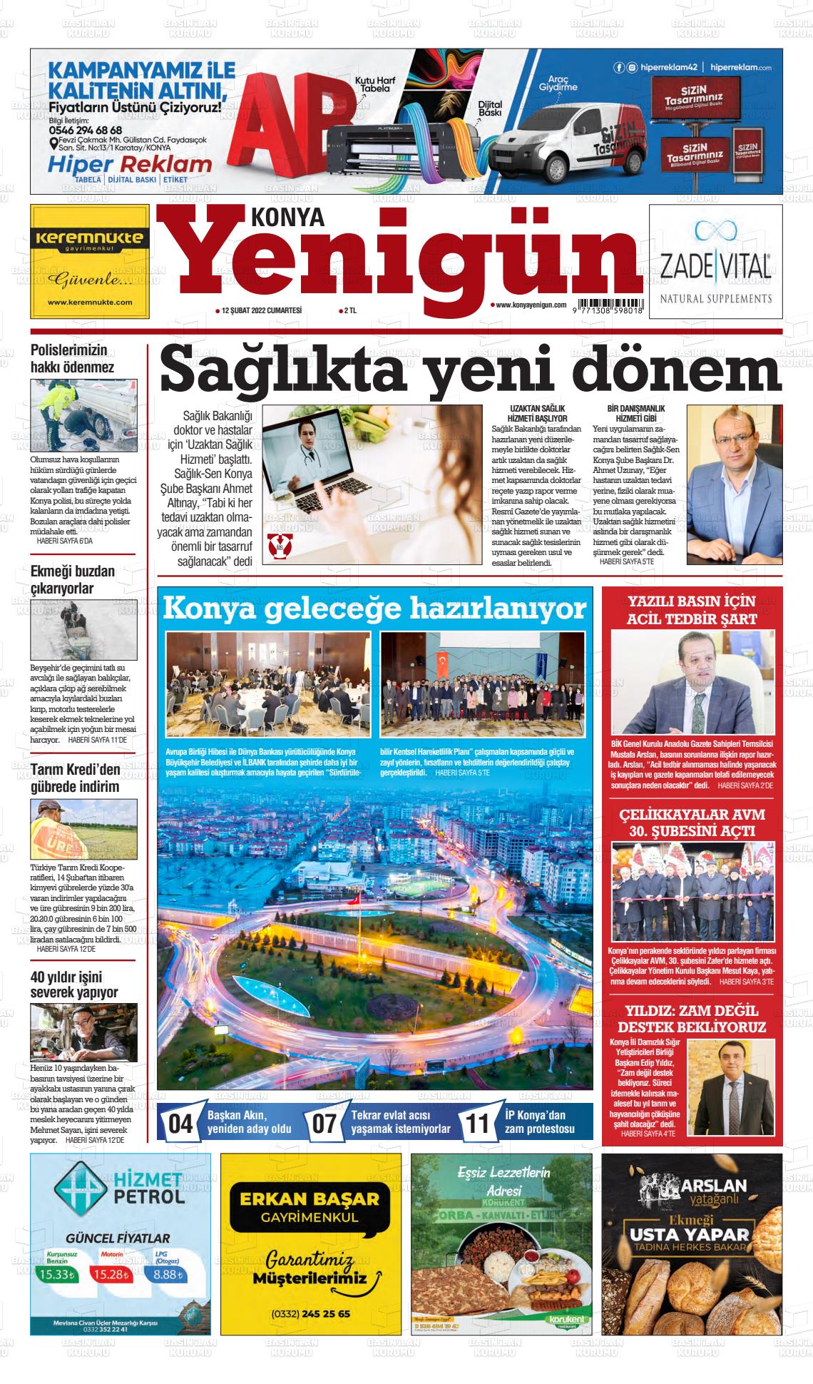 12 Şubat 2022 Konya YeniGün Gazete Manşeti