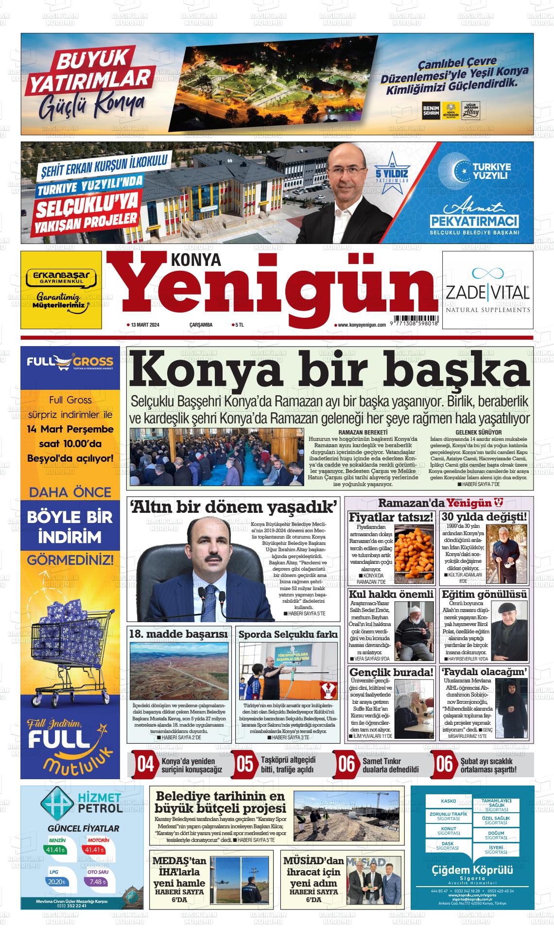 13 Mart 2024 Konya YeniGün Gazete Manşeti