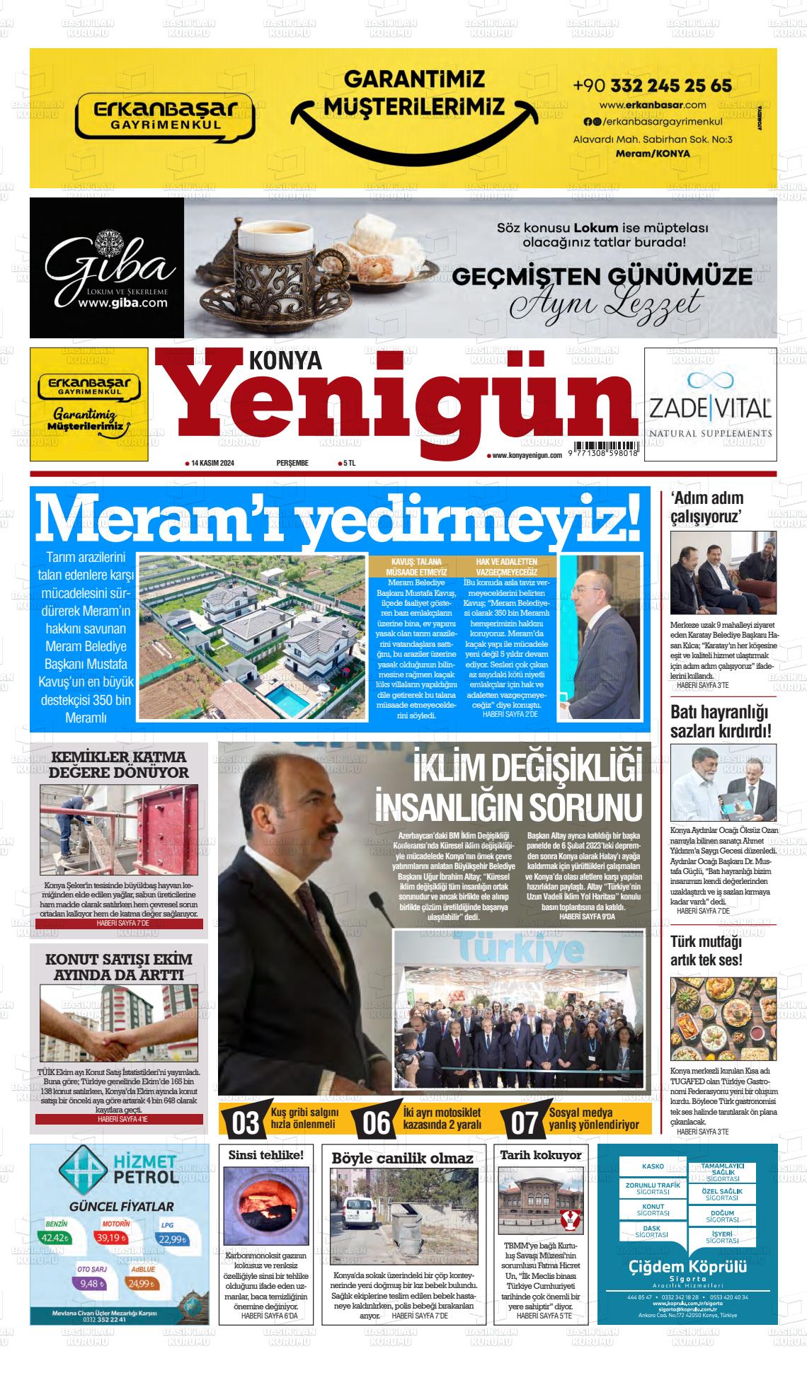 14 Kasım 2024 Konya YeniGün Gazete Manşeti