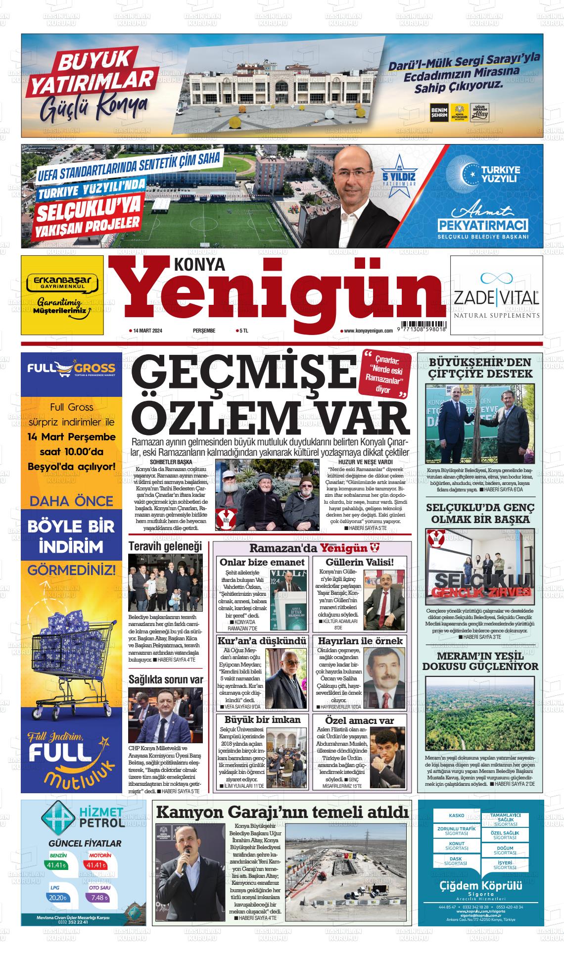 14 Mart 2024 Konya YeniGün Gazete Manşeti