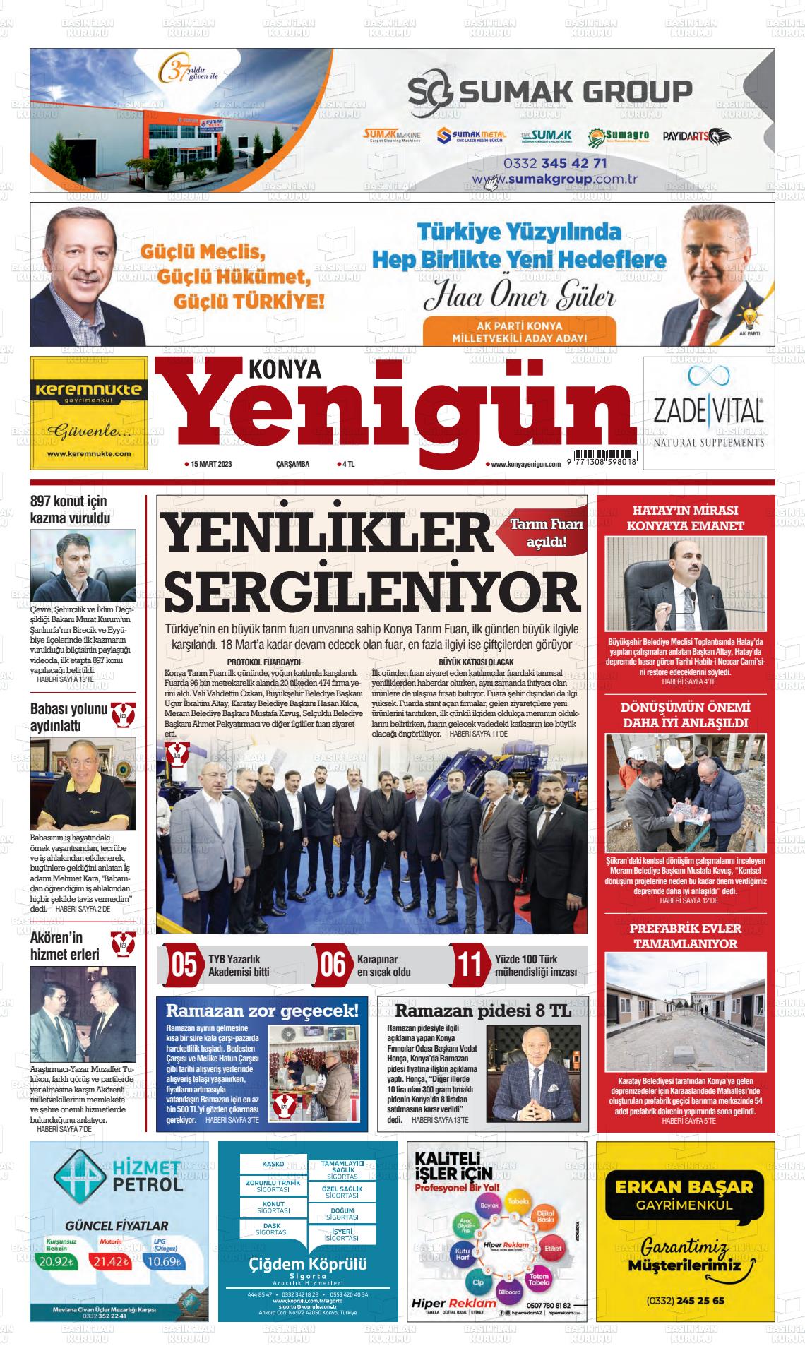 15 Mart 2023 Konya YeniGün Gazete Manşeti