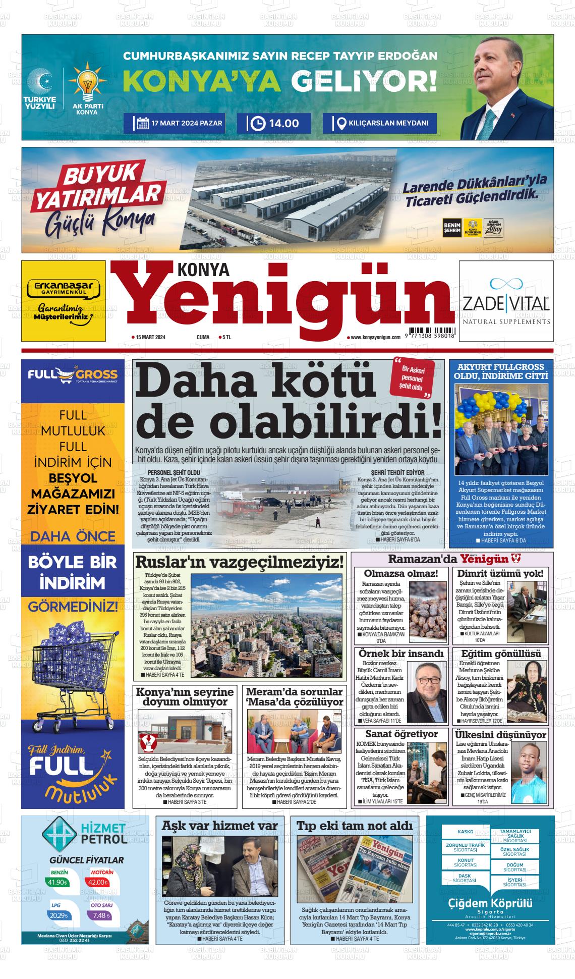 15 Mart 2024 Konya YeniGün Gazete Manşeti