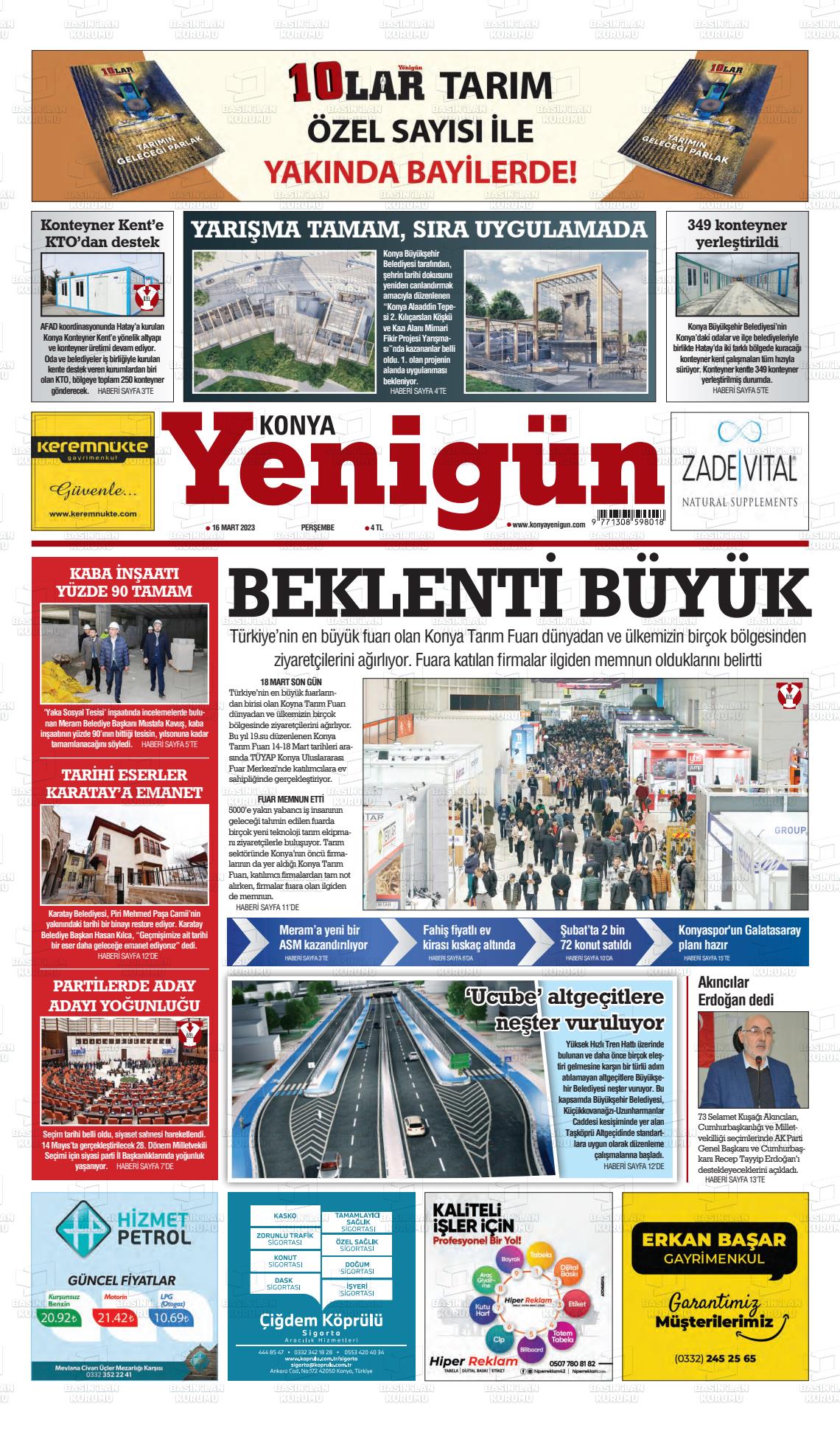 14 Mayıs 2023 Konya YeniGün Gazete Manşeti