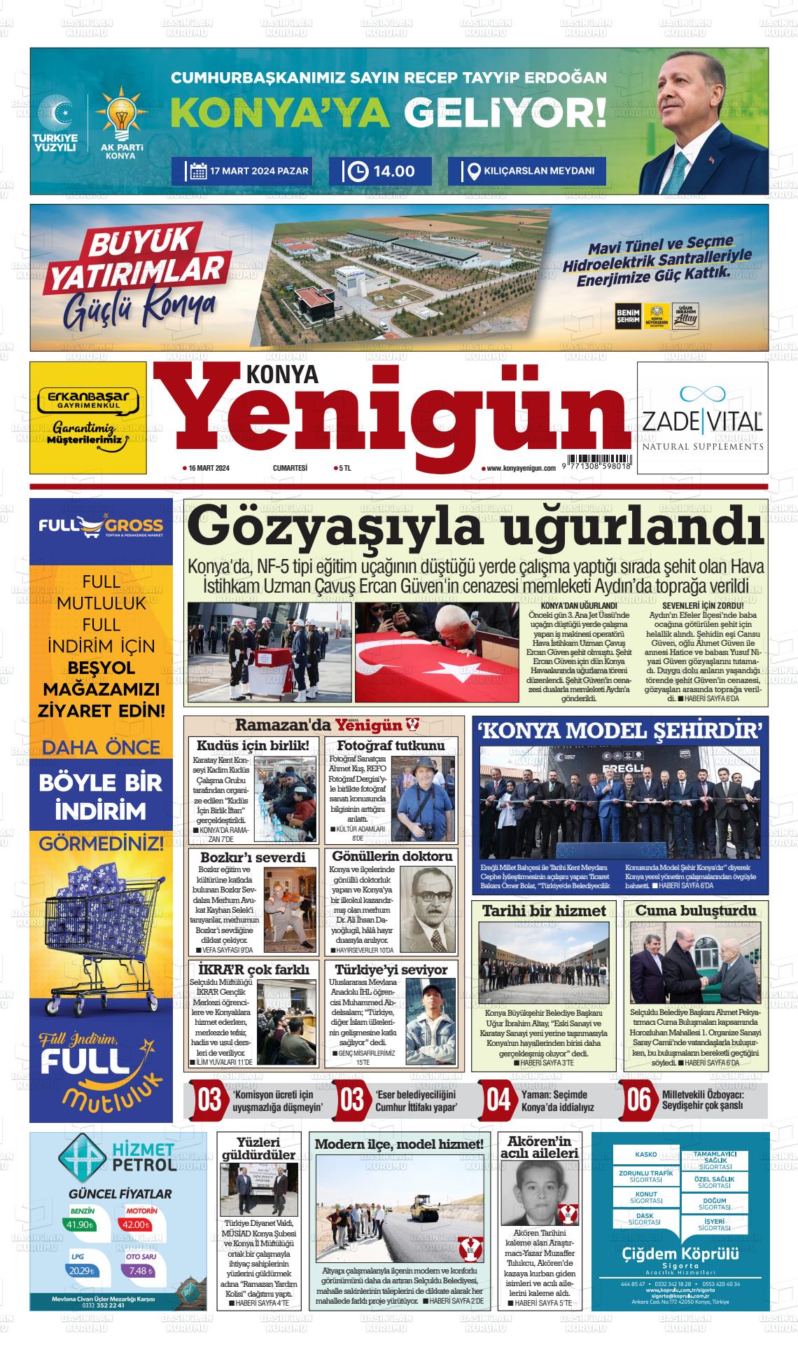 16 Mart 2024 Konya YeniGün Gazete Manşeti