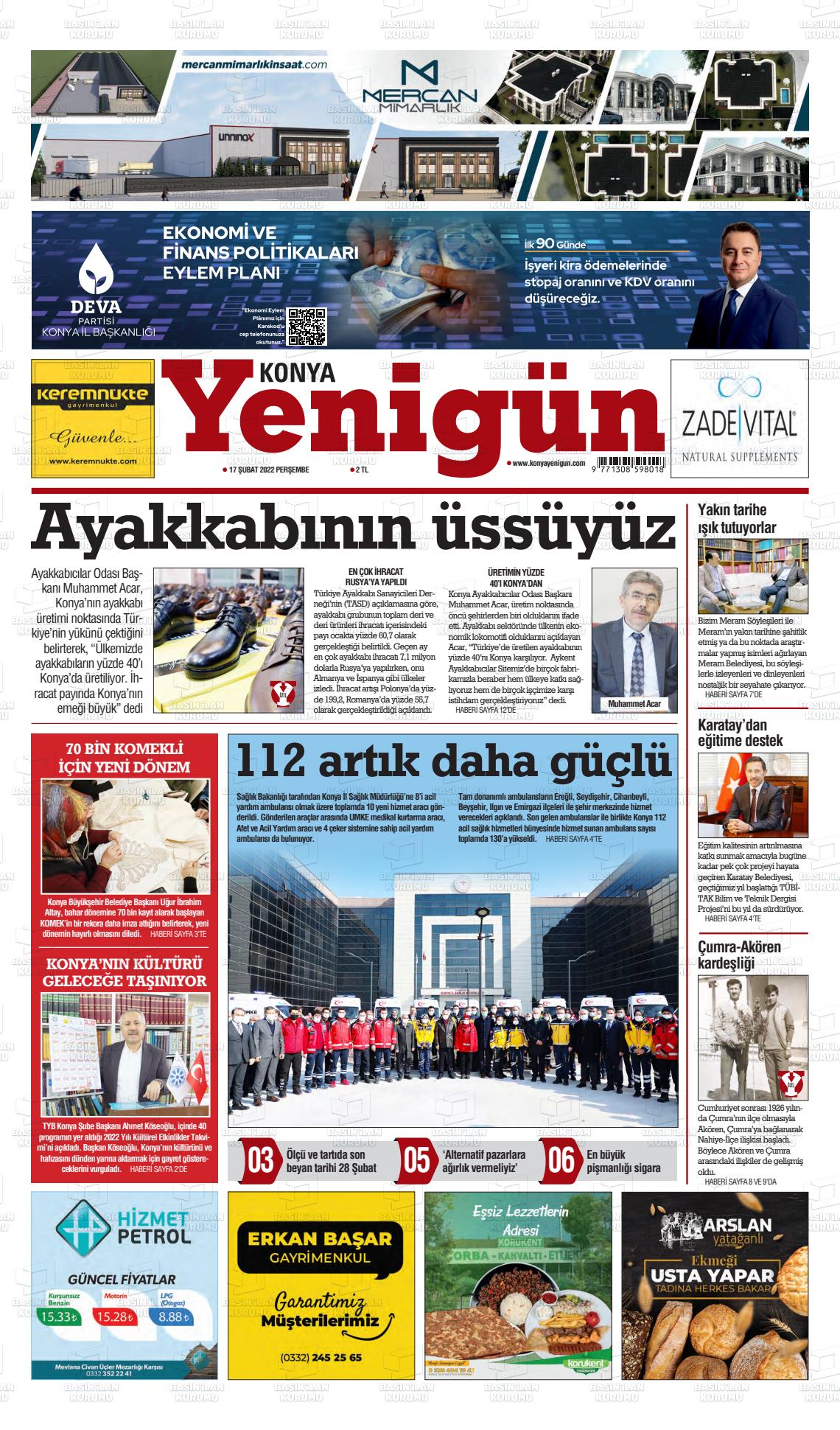 17 Şubat 2022 Konya YeniGün Gazete Manşeti