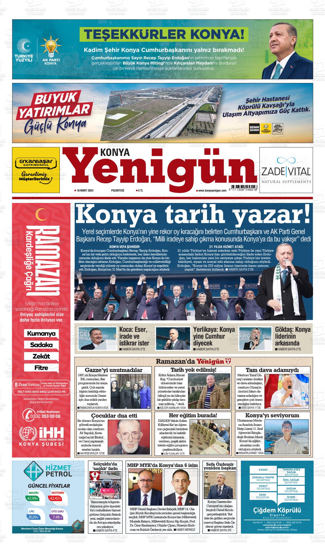 18 Mart 2024 Konya YeniGün Gazete Manşeti