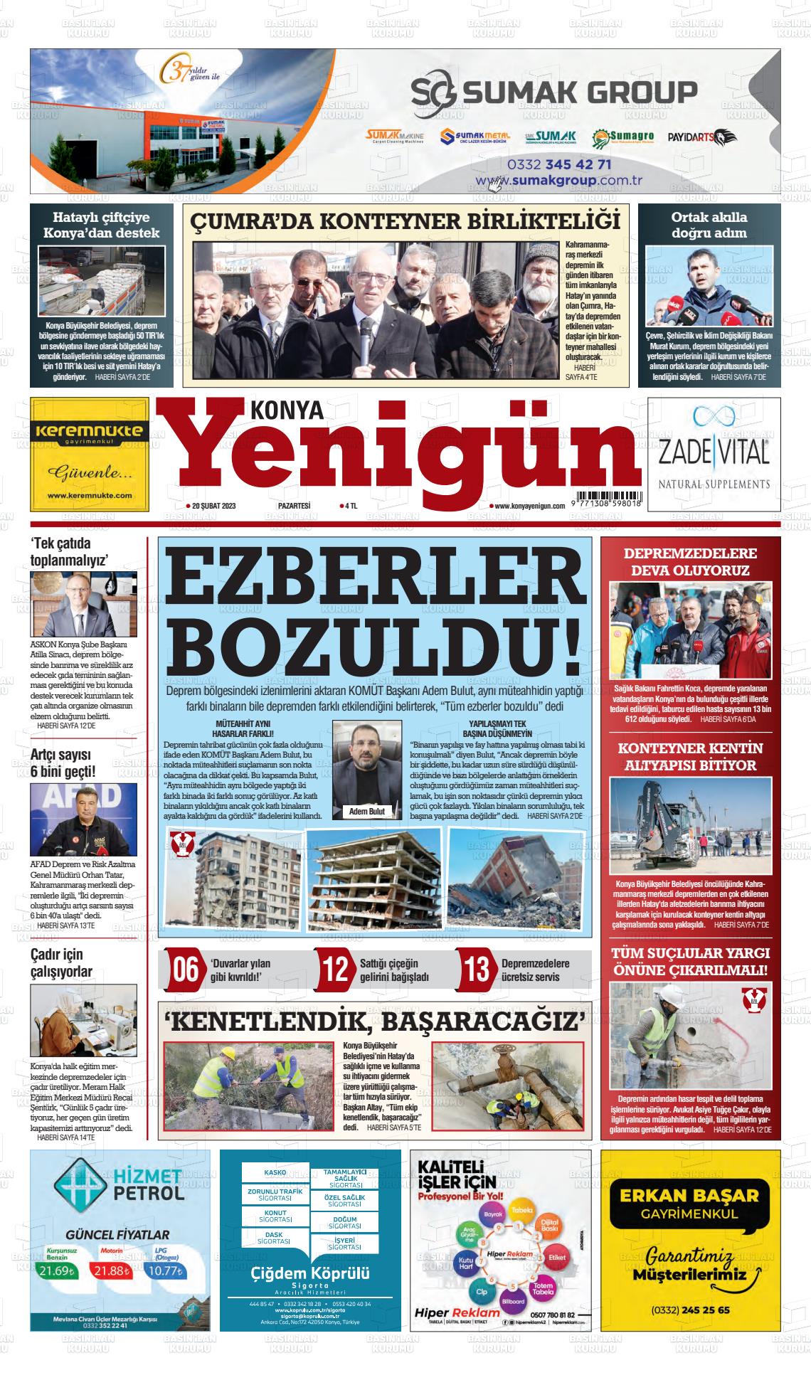 20 Nisan 2023 Konya YeniGün Gazete Manşeti