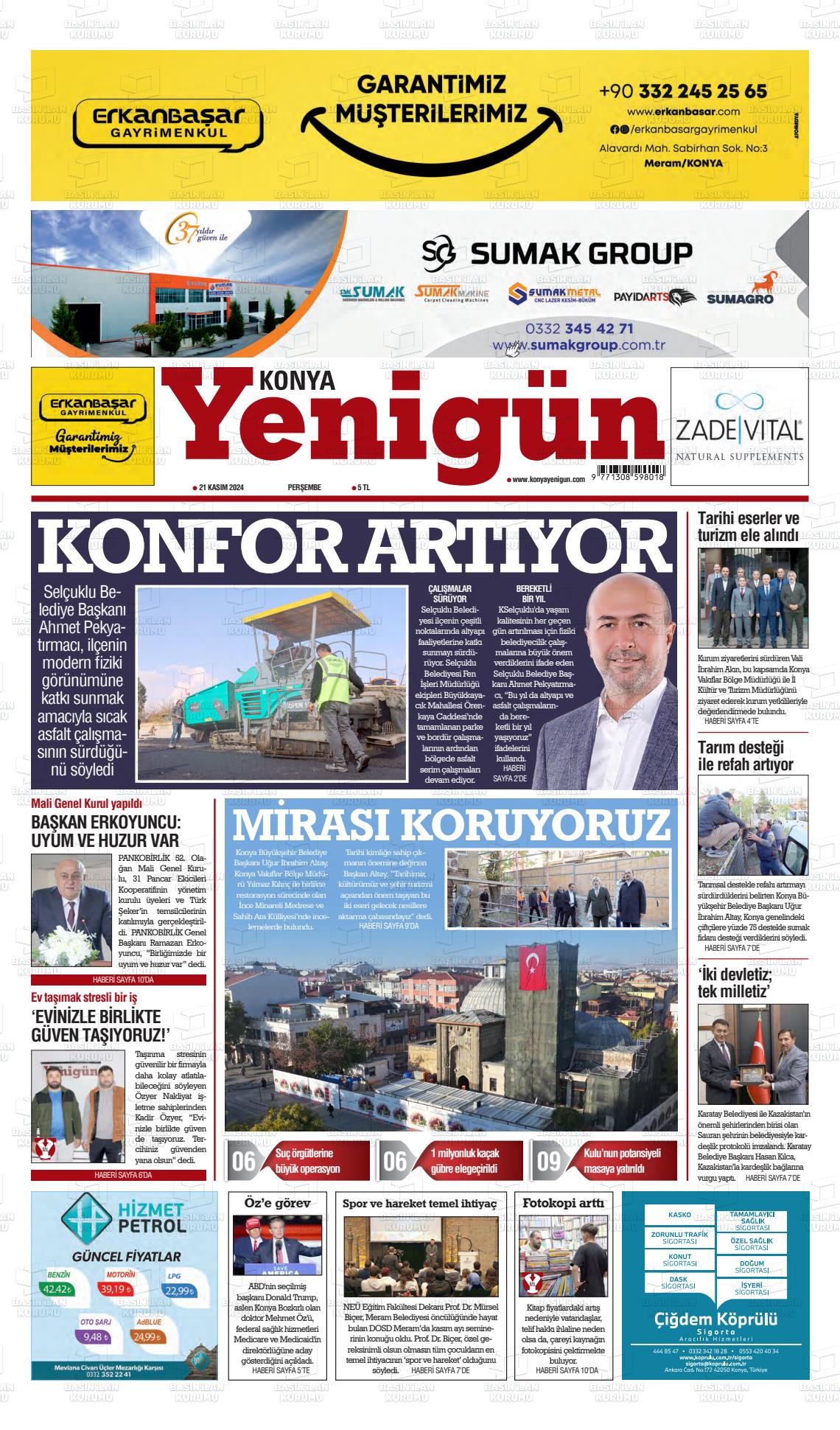 21 Kasım 2024 Konya YeniGün Gazete Manşeti