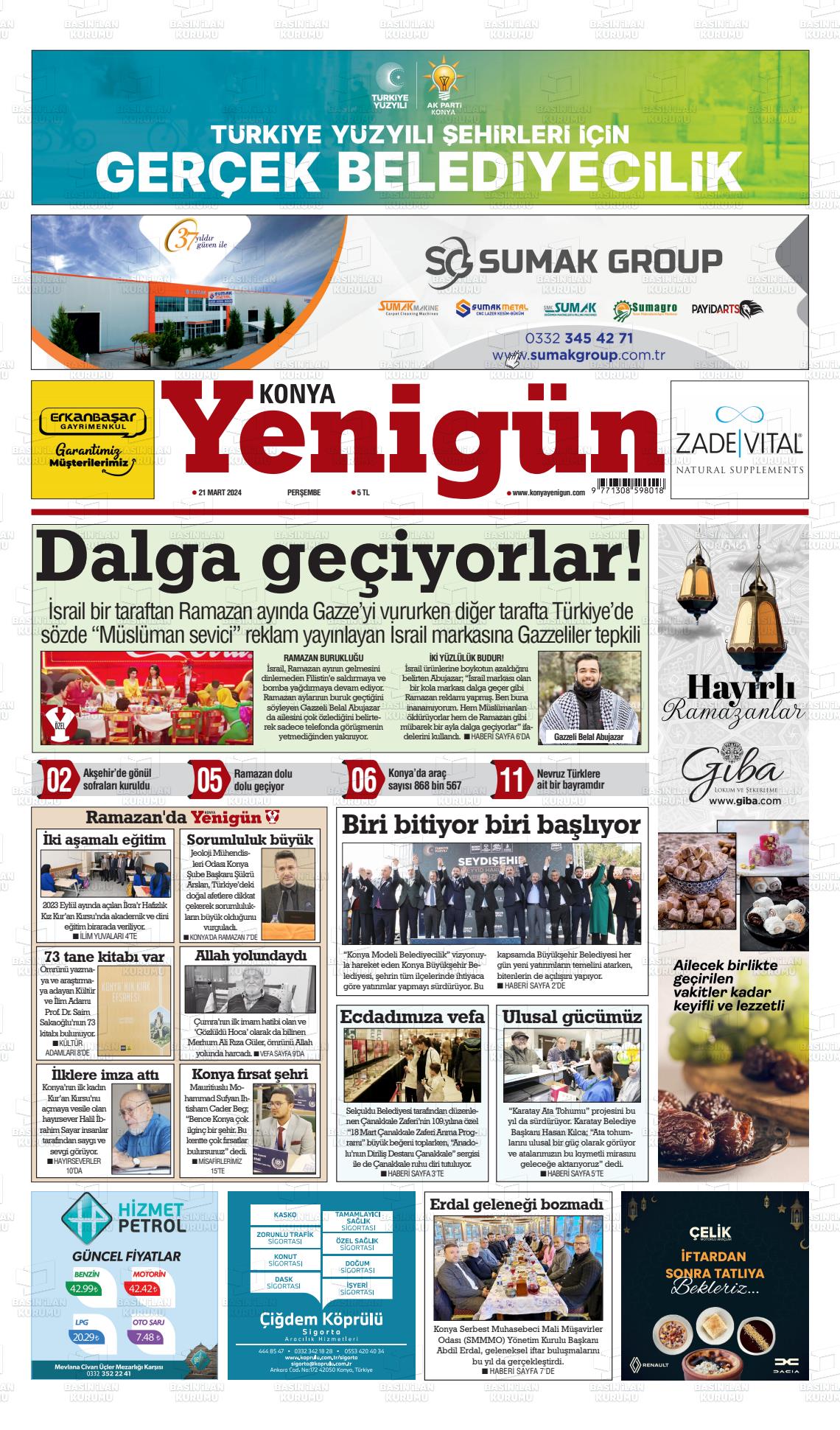 21 Mart 2024 Konya YeniGün Gazete Manşeti