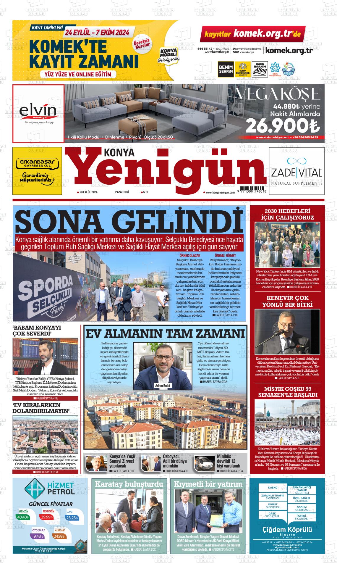 23 Eylül 2024 Konya YeniGün Gazete Manşeti