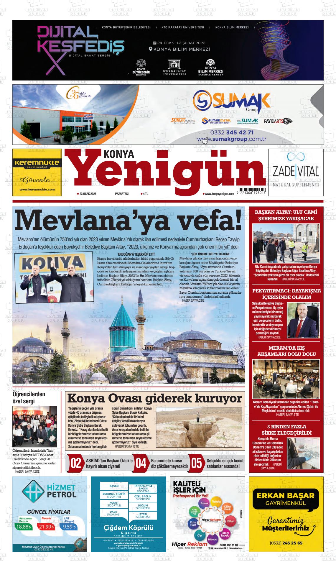 23 Ocak 2023 Konya YeniGün Gazete Manşeti