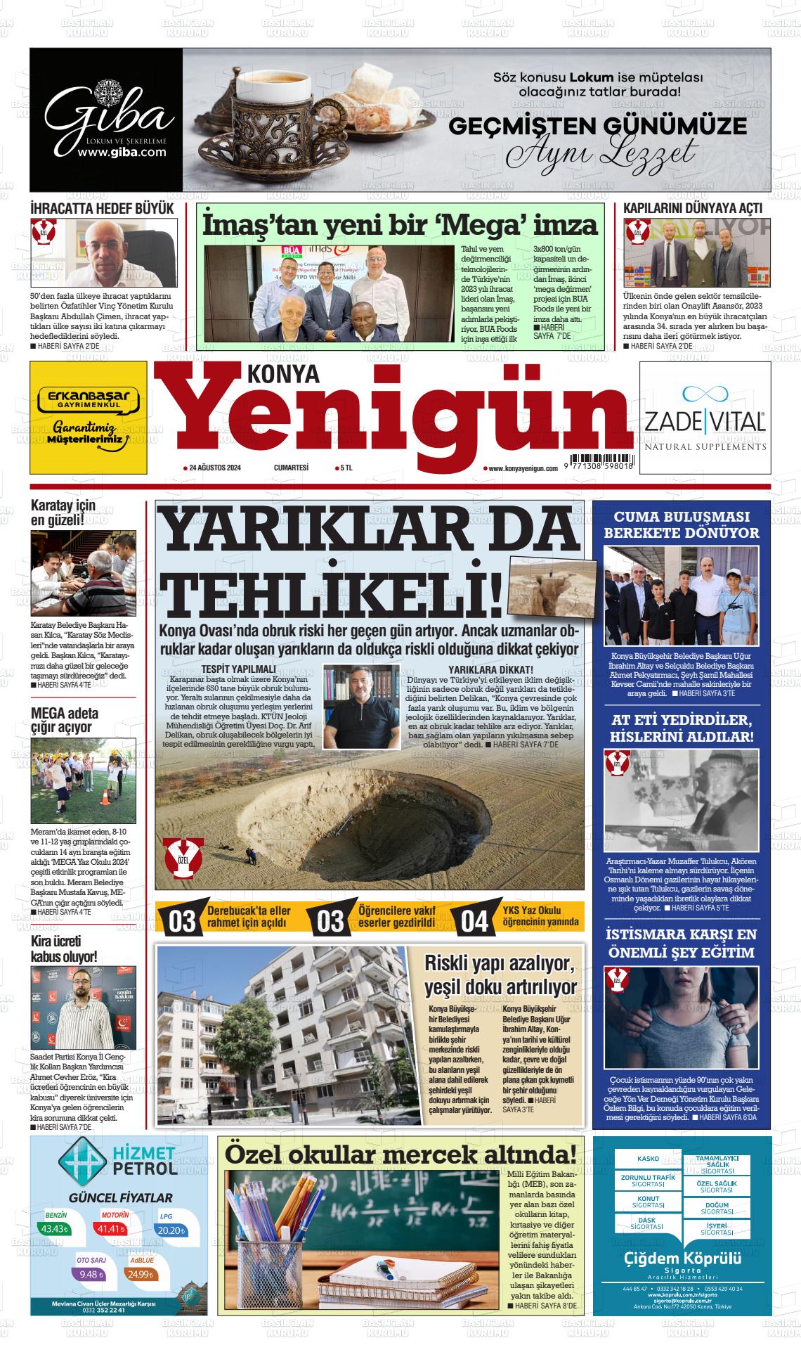 24 Ağustos 2024 Konya YeniGün Gazete Manşeti