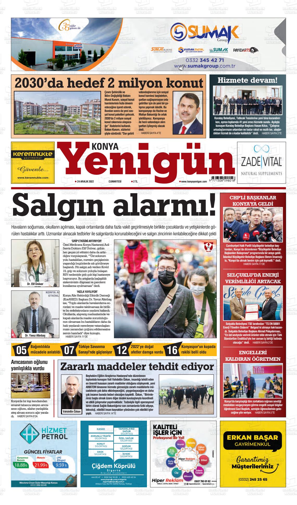 26 Aralık 2022 Konya YeniGün Gazete Manşeti