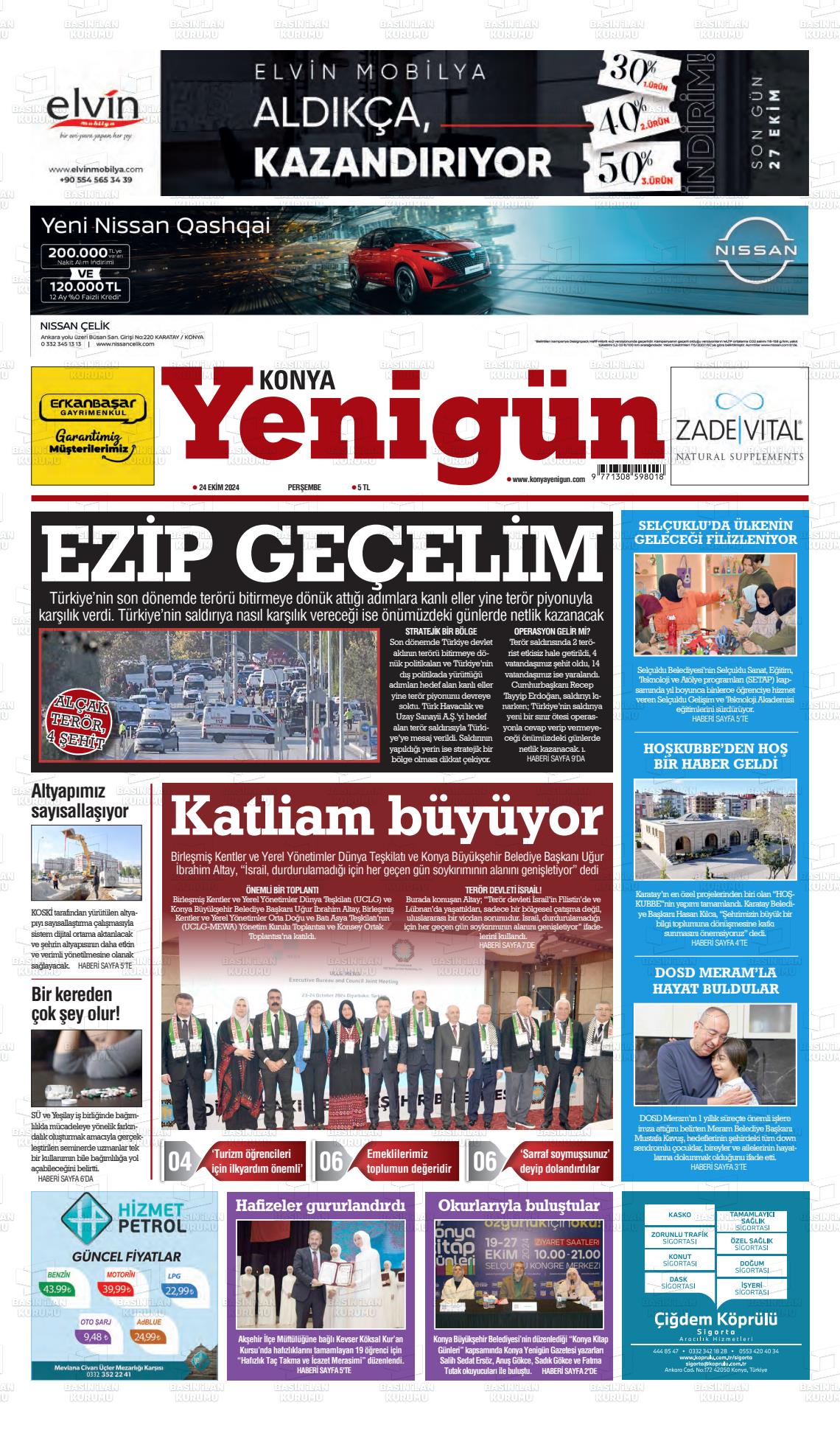 24 Ekim 2024 Konya YeniGün Gazete Manşeti