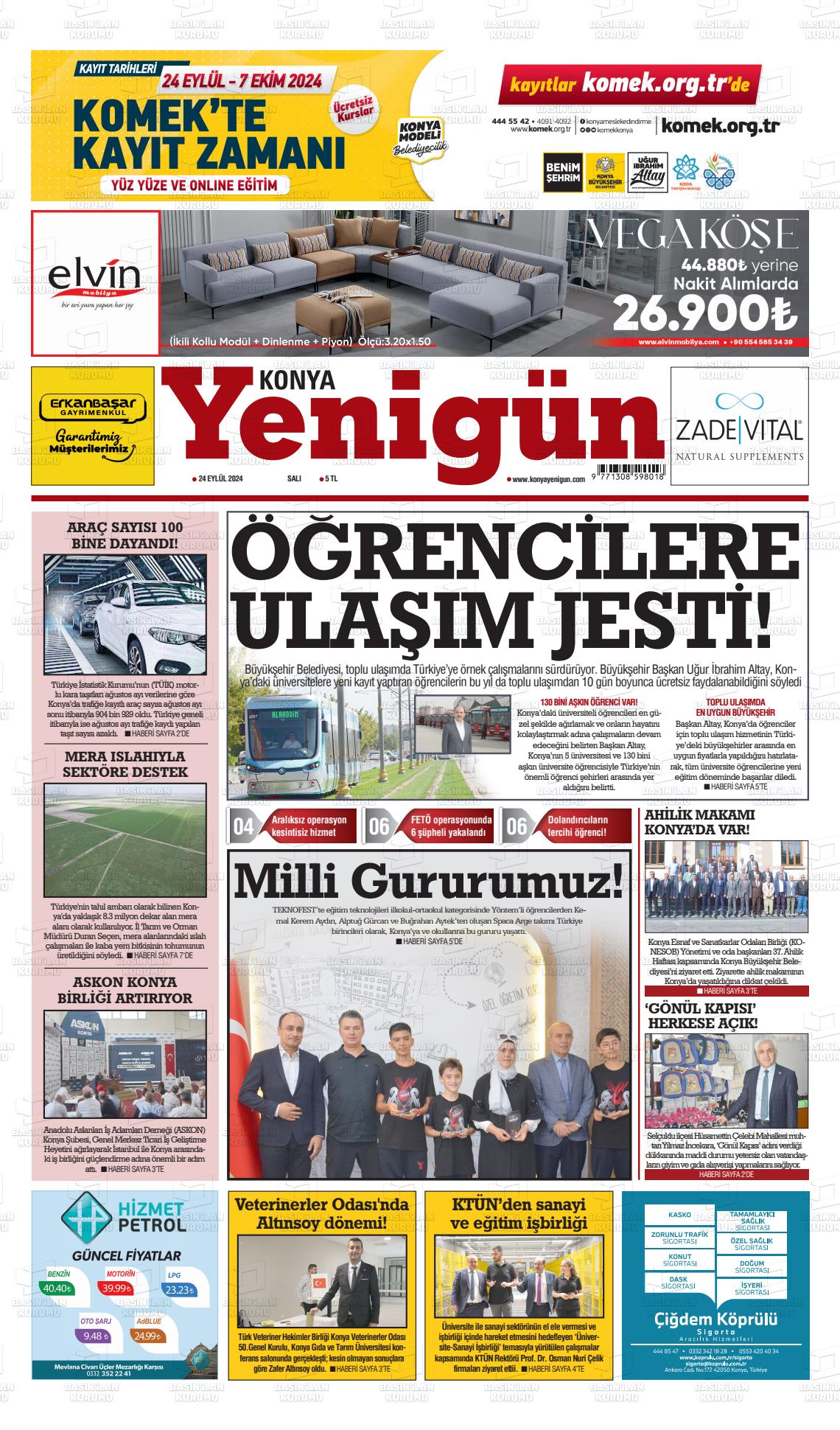 24 Eylül 2024 Konya YeniGün Gazete Manşeti