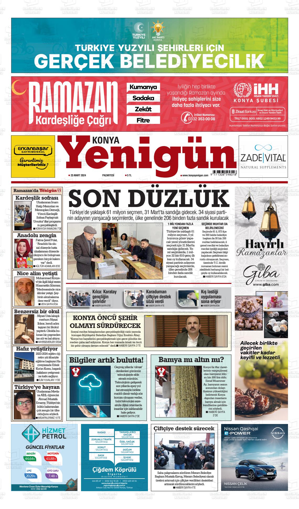 25 Mart 2024 Konya YeniGün Gazete Manşeti