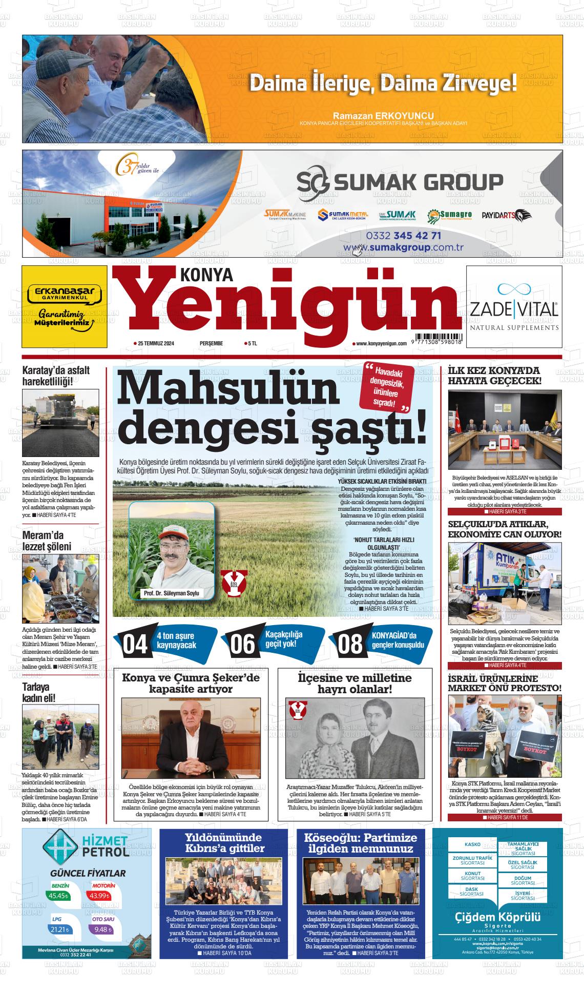 25 Temmuz 2024 Konya YeniGün Gazete Manşeti