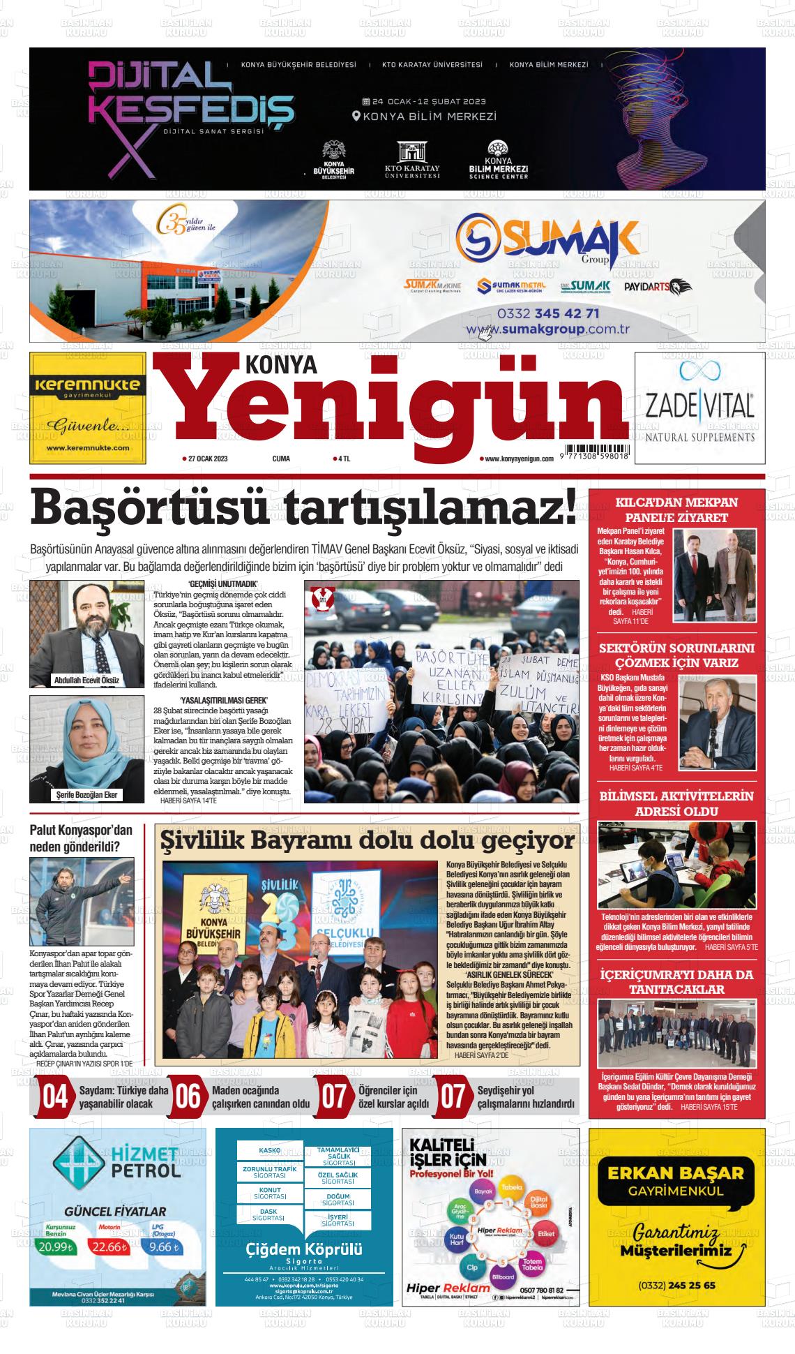 27 Ocak 2023 Konya YeniGün Gazete Manşeti