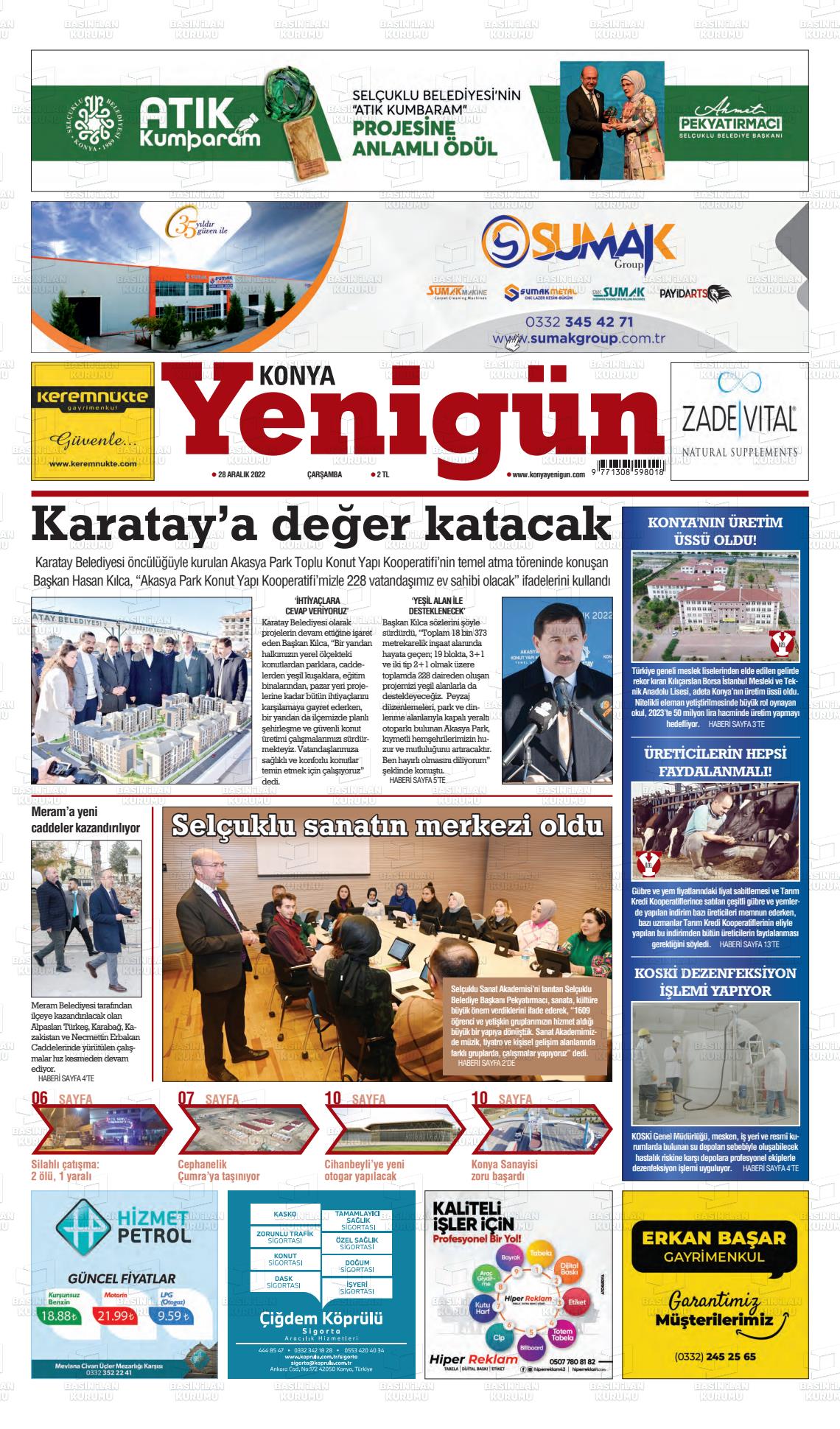 28 Aralık 2022 Konya YeniGün Gazete Manşeti