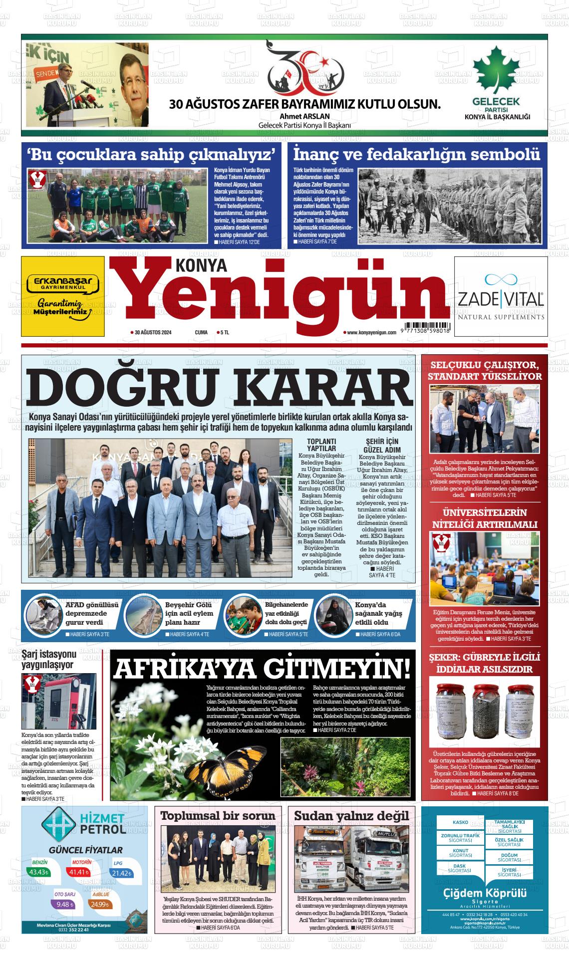 30 Ağustos 2024 Konya YeniGün Gazete Manşeti