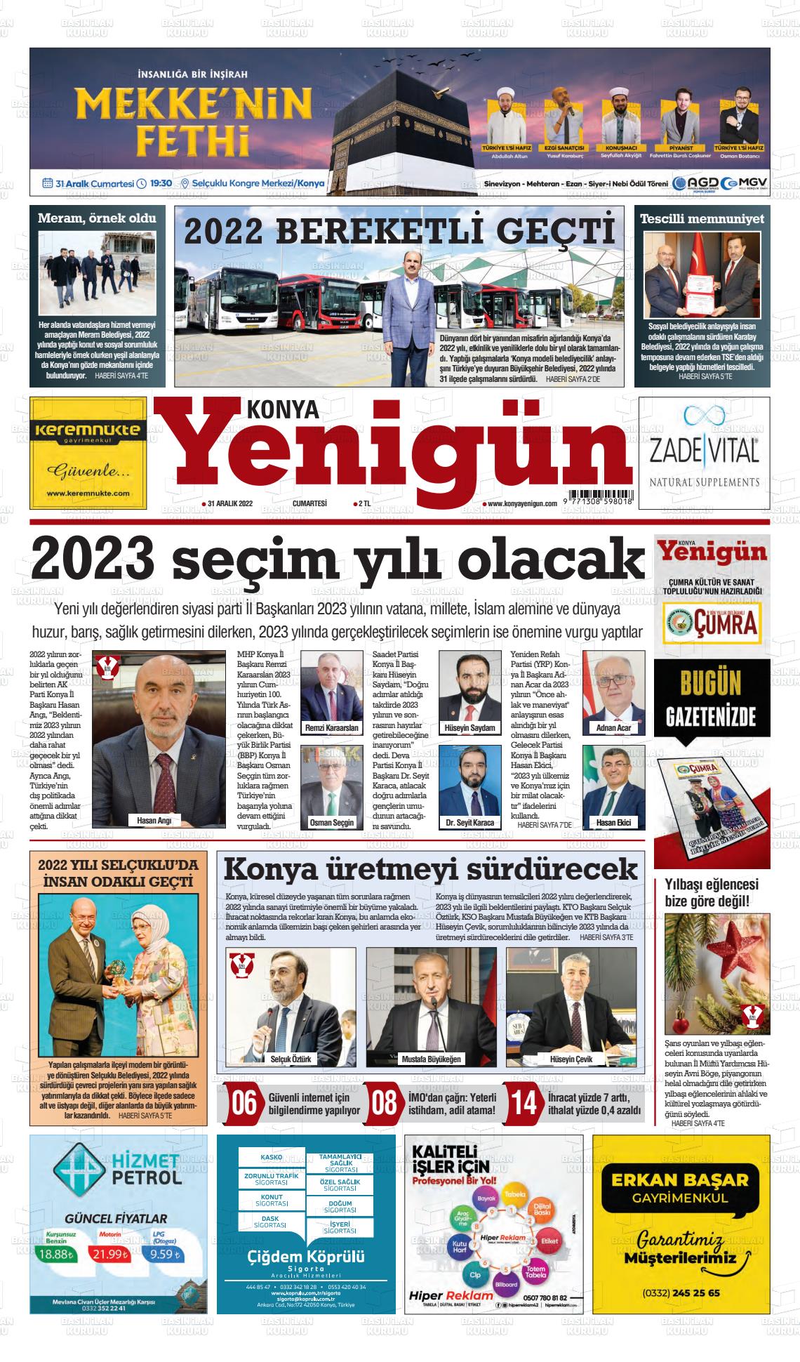 31 Aralık 2022 Konya YeniGün Gazete Manşeti