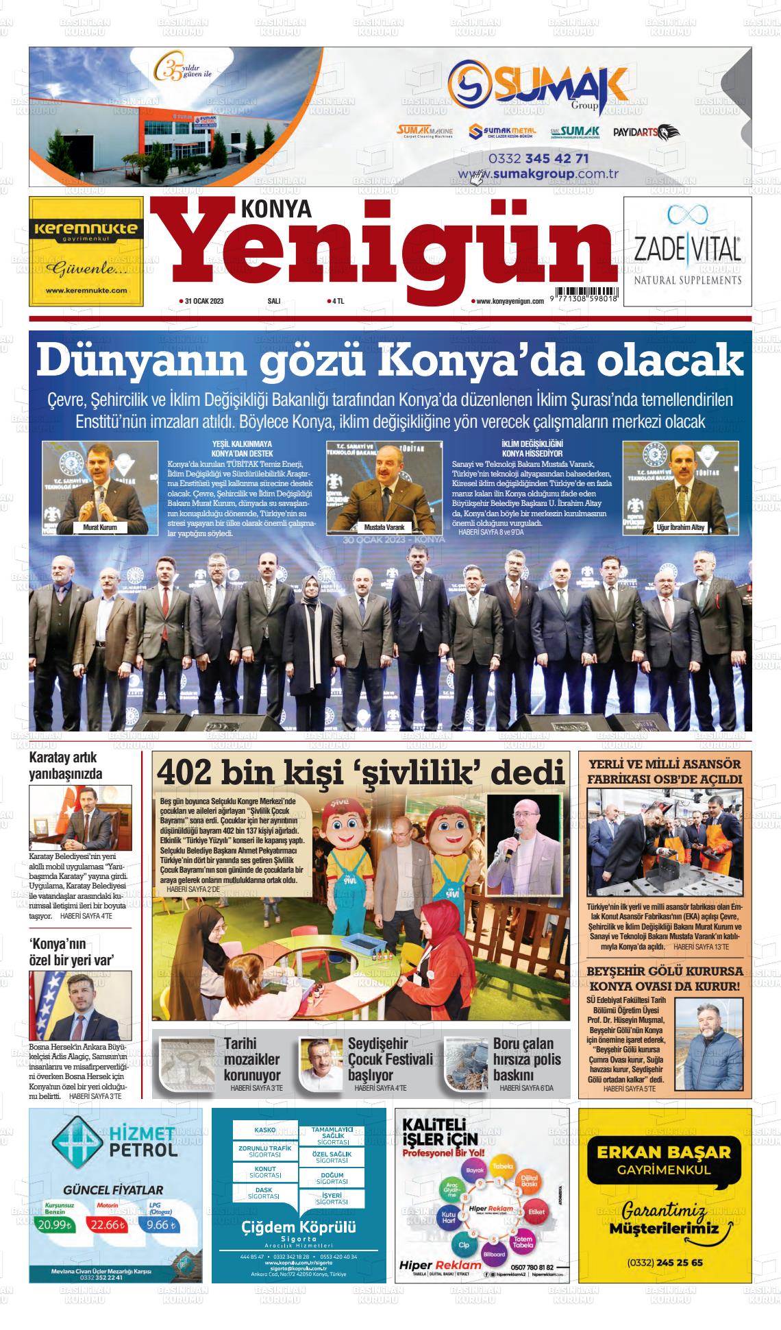 31 Mart 2023 Konya YeniGün Gazete Manşeti