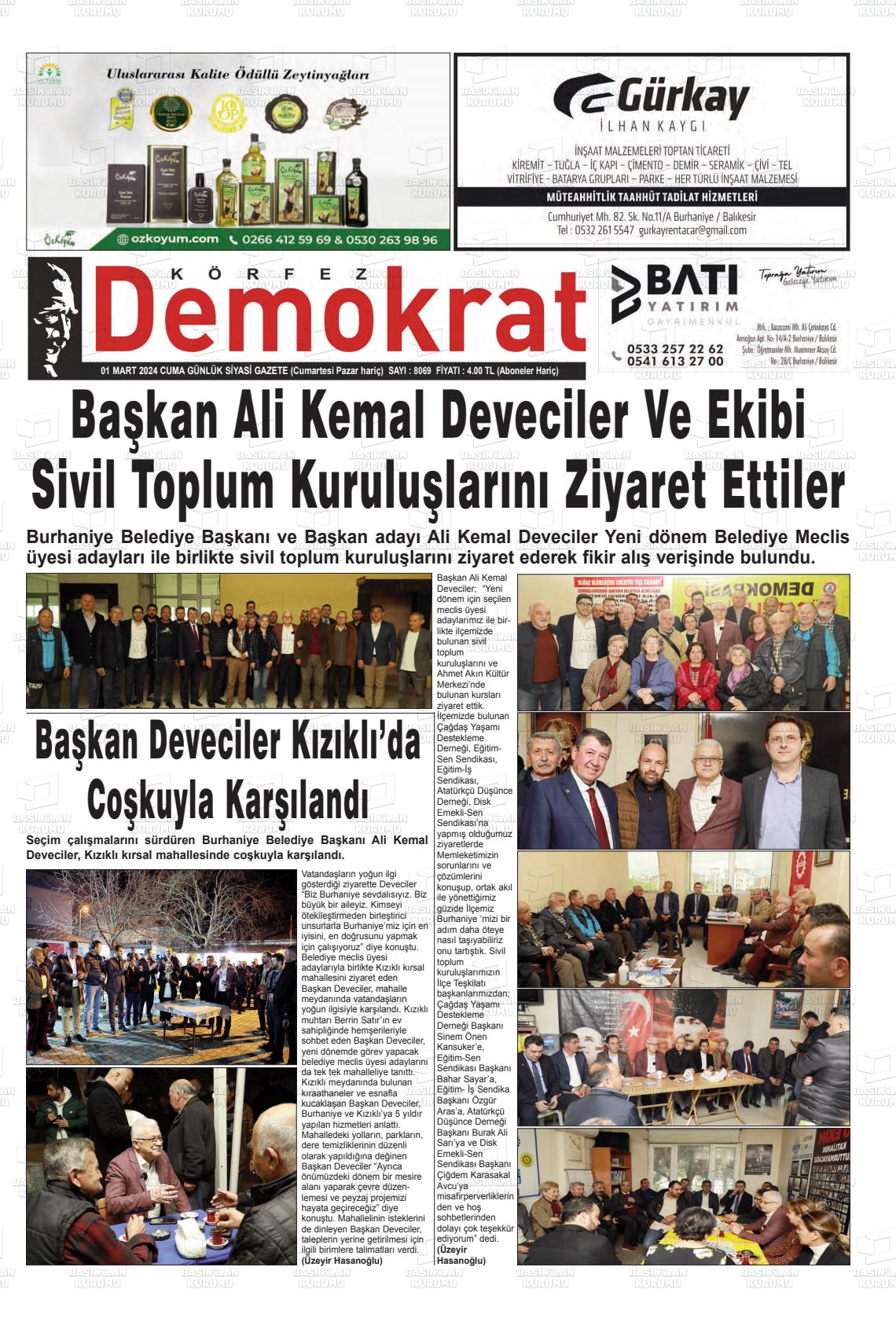 01 Mart 2024 Körfez Demokrat Gazete Manşeti