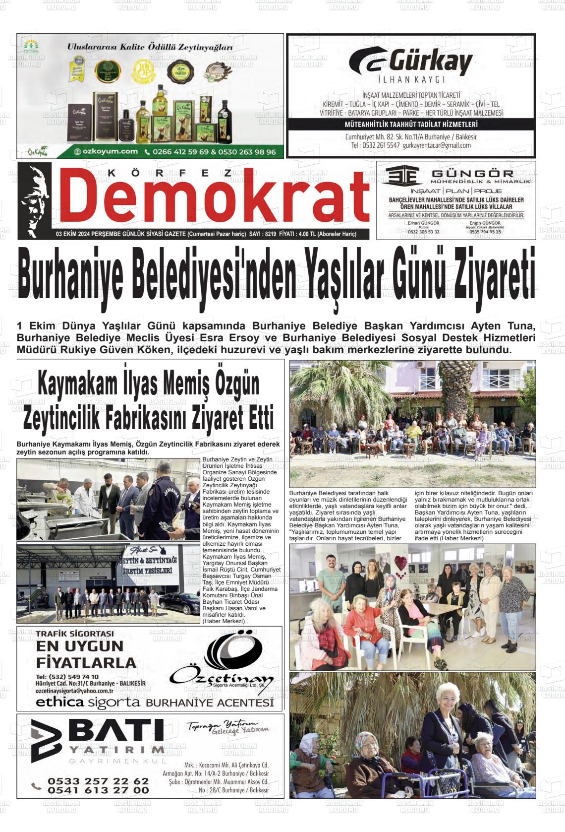 03 Ekim 2024 Körfez Demokrat Gazete Manşeti