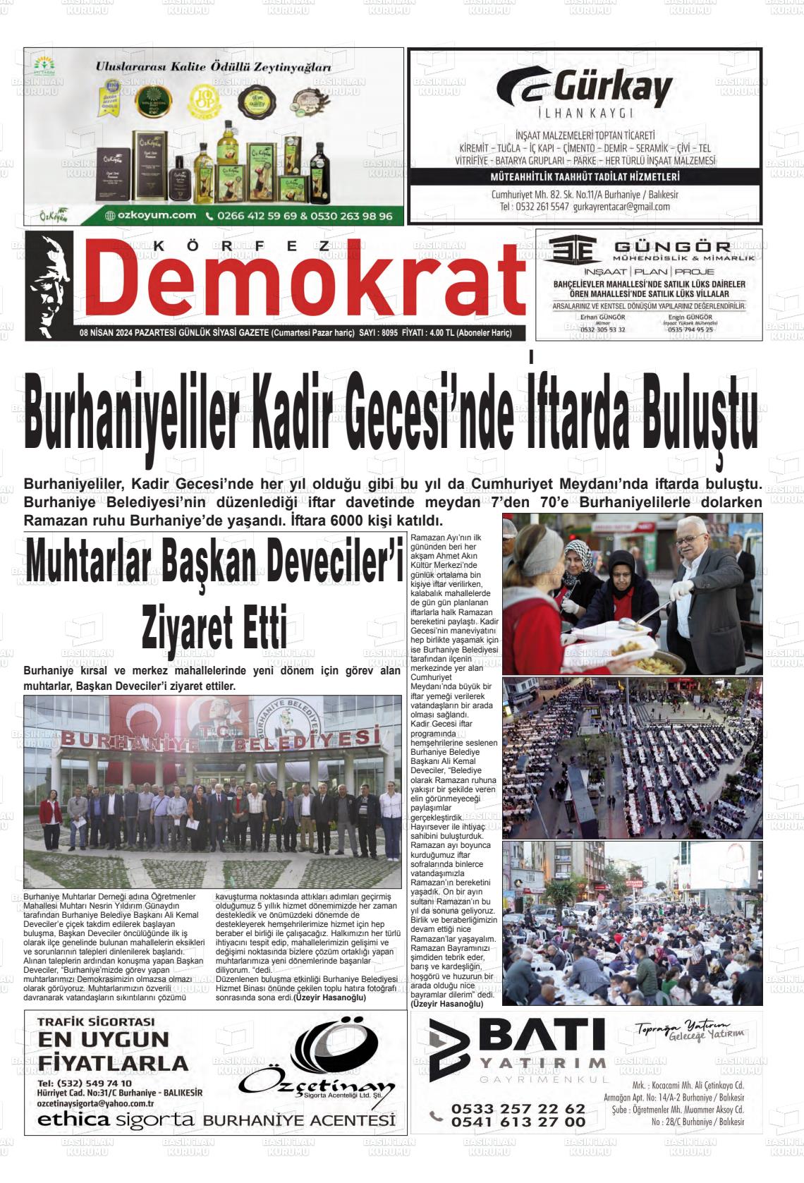 08 Nisan 2024 Körfez Demokrat Gazete Manşeti