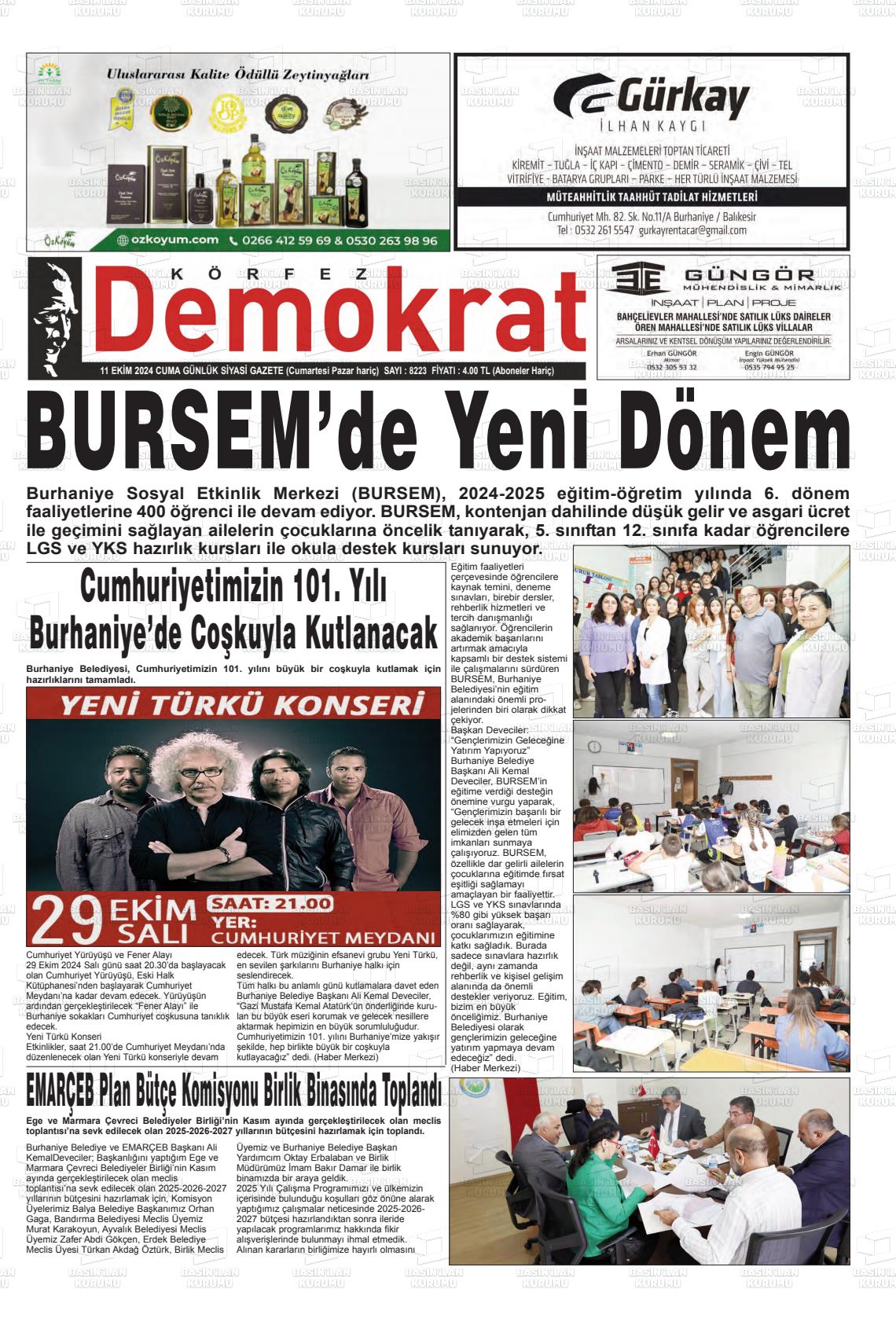 11 Ekim 2024 Körfez Demokrat Gazete Manşeti