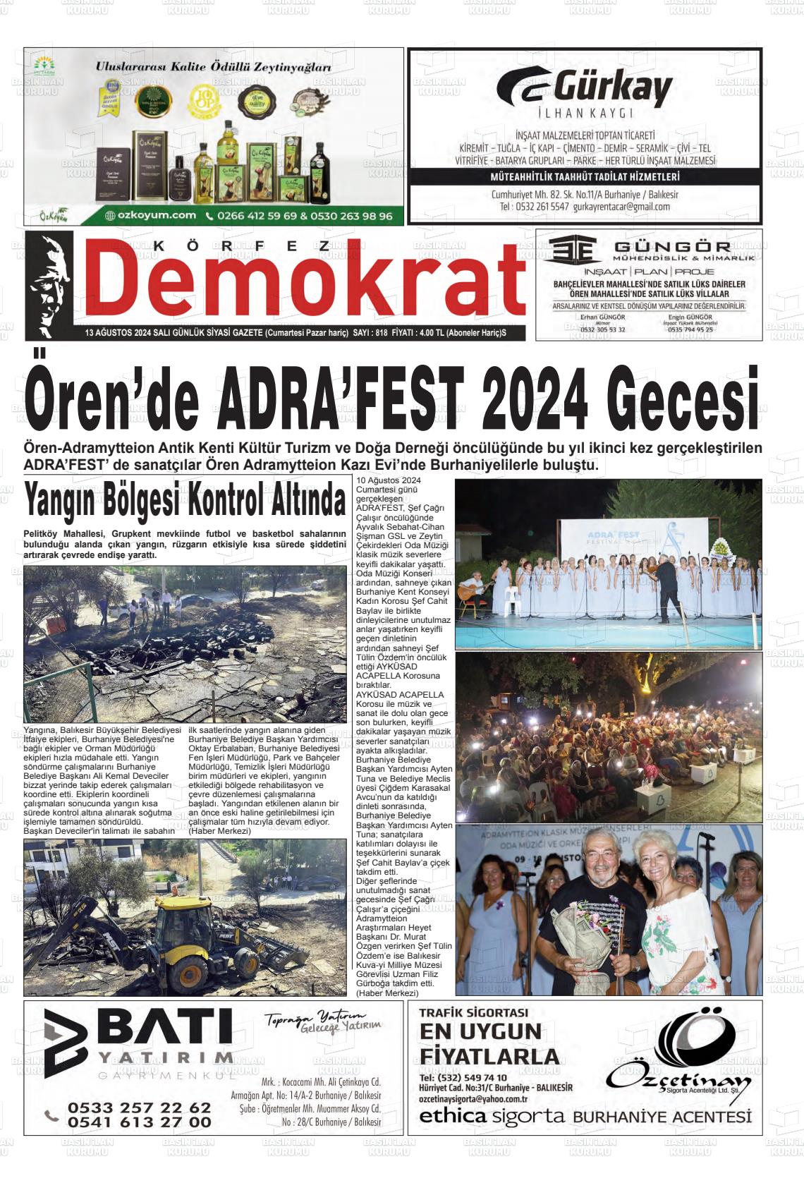 13 Ağustos 2024 Körfez Demokrat Gazete Manşeti