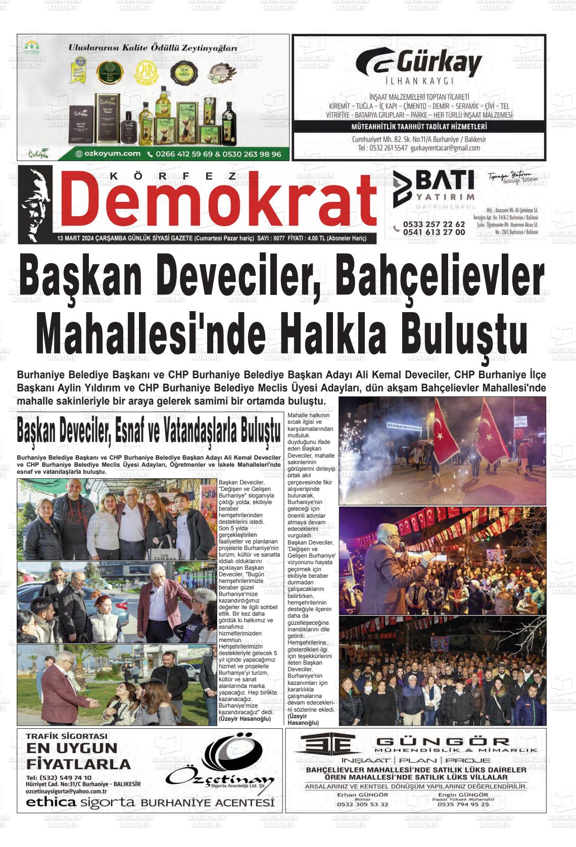 13 Mart 2024 Körfez Demokrat Gazete Manşeti