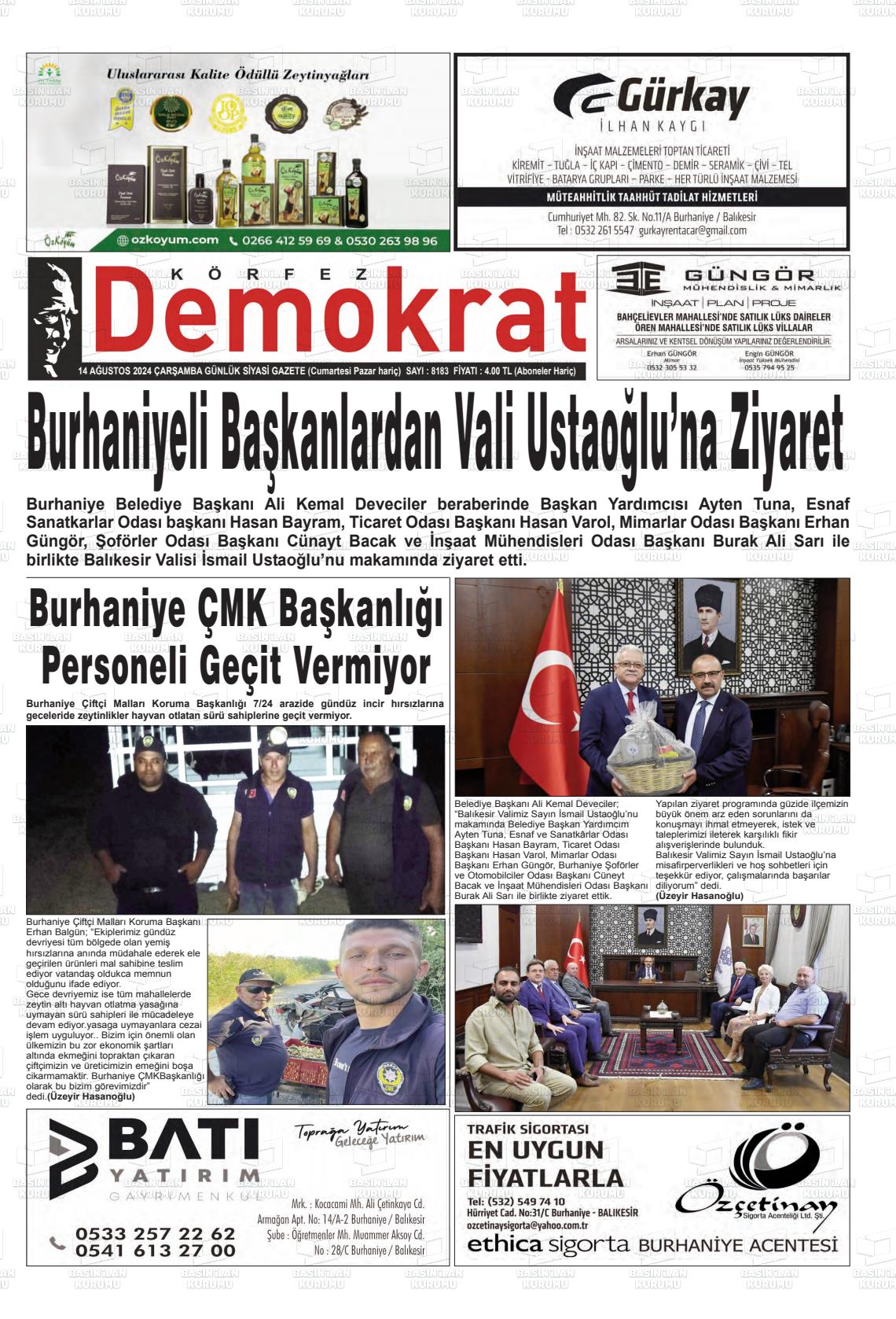 14 Ağustos 2024 Körfez Demokrat Gazete Manşeti